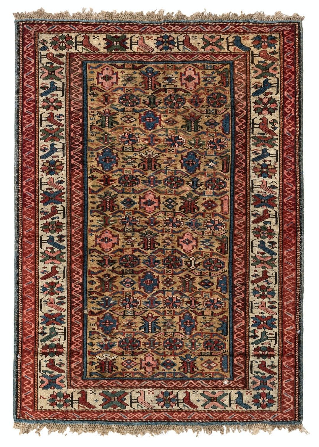 3.7x5.2 Ft Antique Yellow Ground Kuba (Quba) Rug With Birds, North East Caucasus