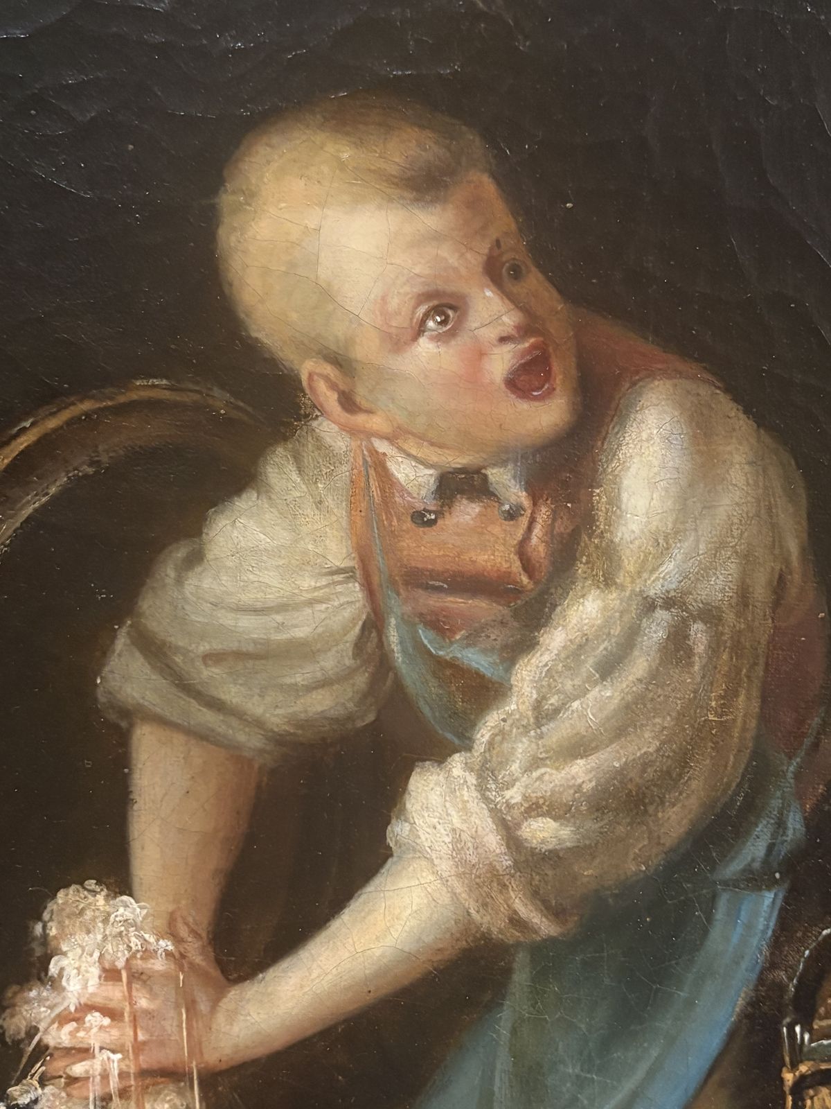 Finely Painted Oil On Canvas Of Startled Boy Tapping A Barrel 19th Century photo for sale