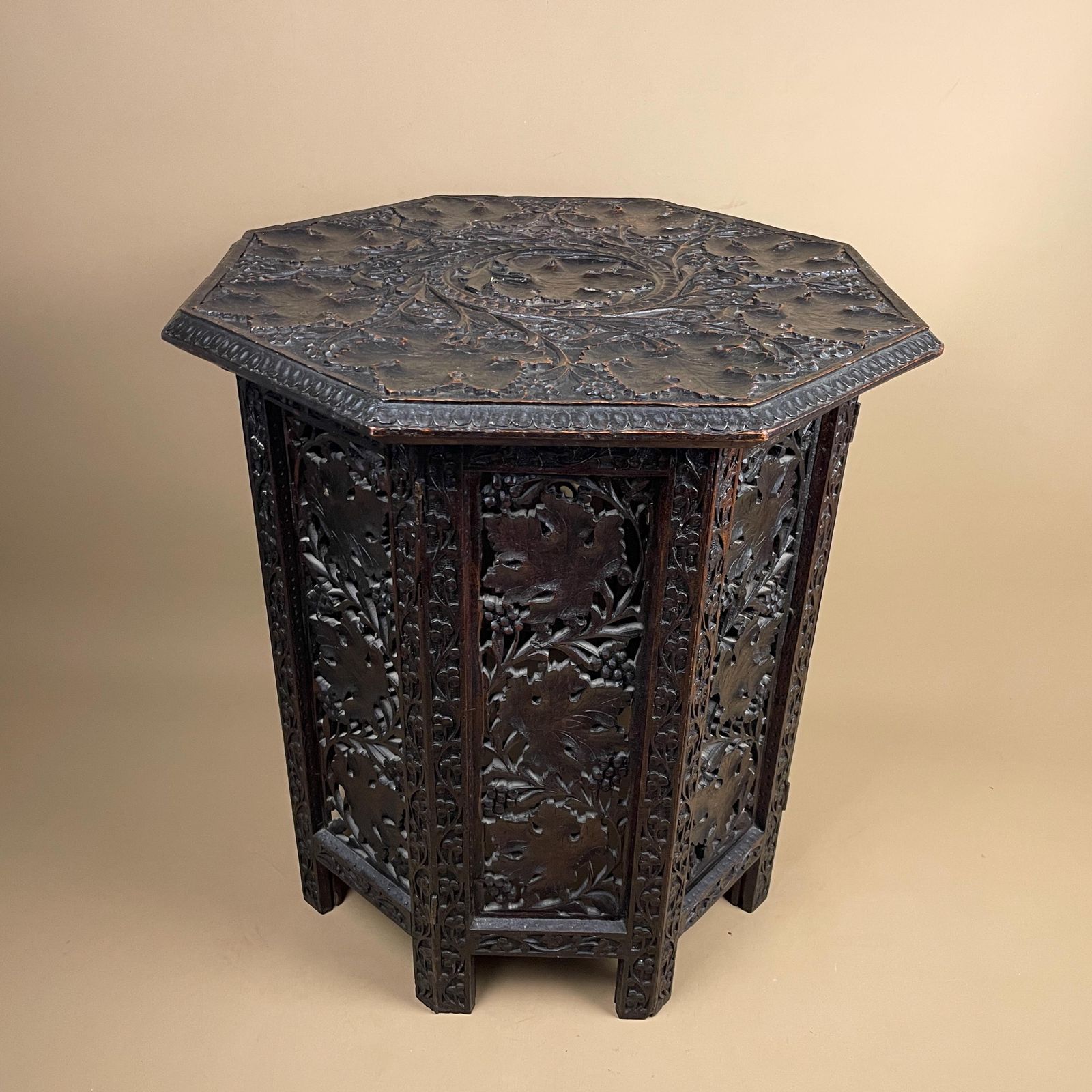 Anglo Indian Wooden Table Fold Down Campaign Decorative Intricate Patterned Hand Crafted Octogan C.1900 Antique Plant Stand Carved Wood photo buy