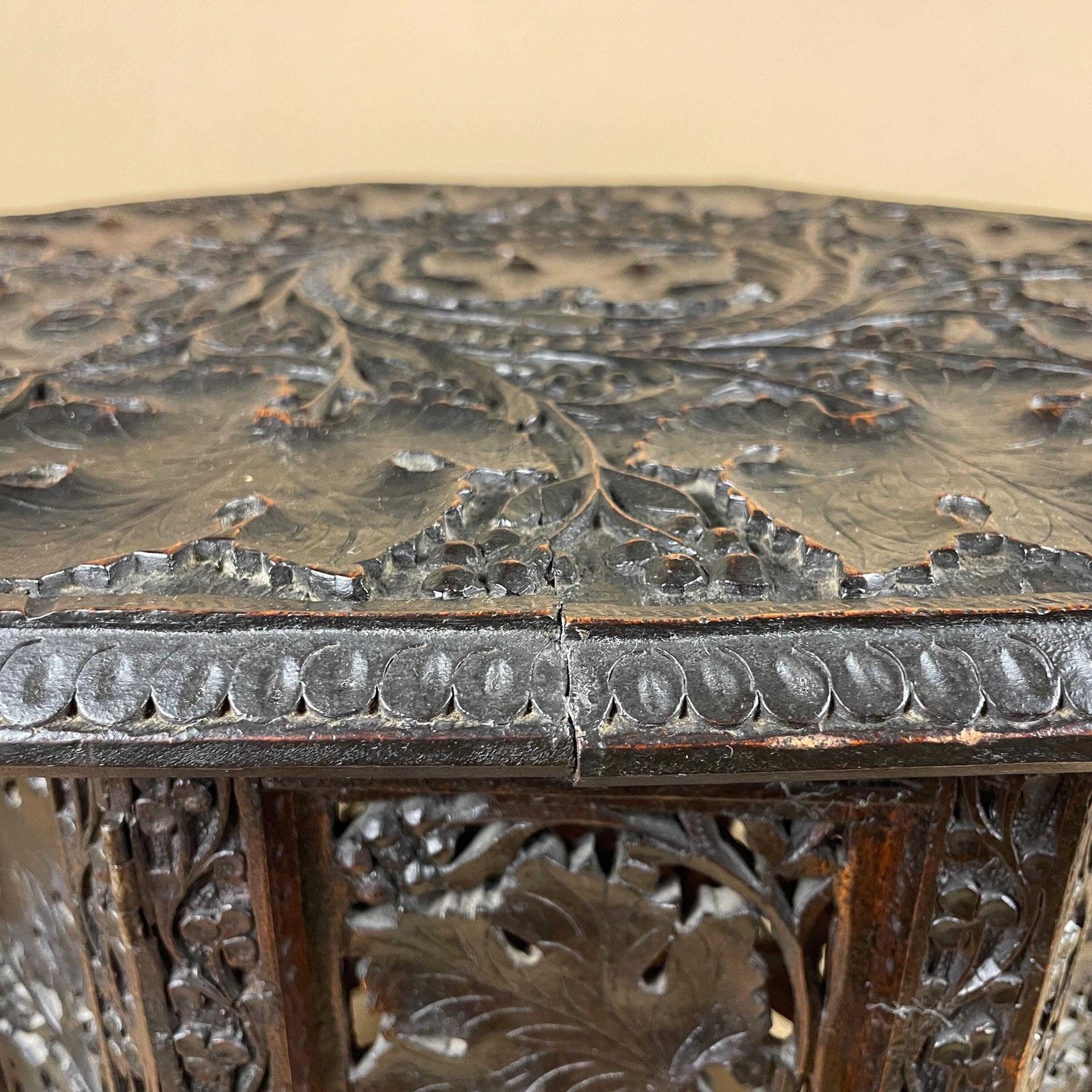 Furniture Anglo Indian Wooden Table Fold Down Campaign Decorative Intricate Patterned Hand Crafted Octogan C.1900 Antique Plant Stand Carved Wood photo
