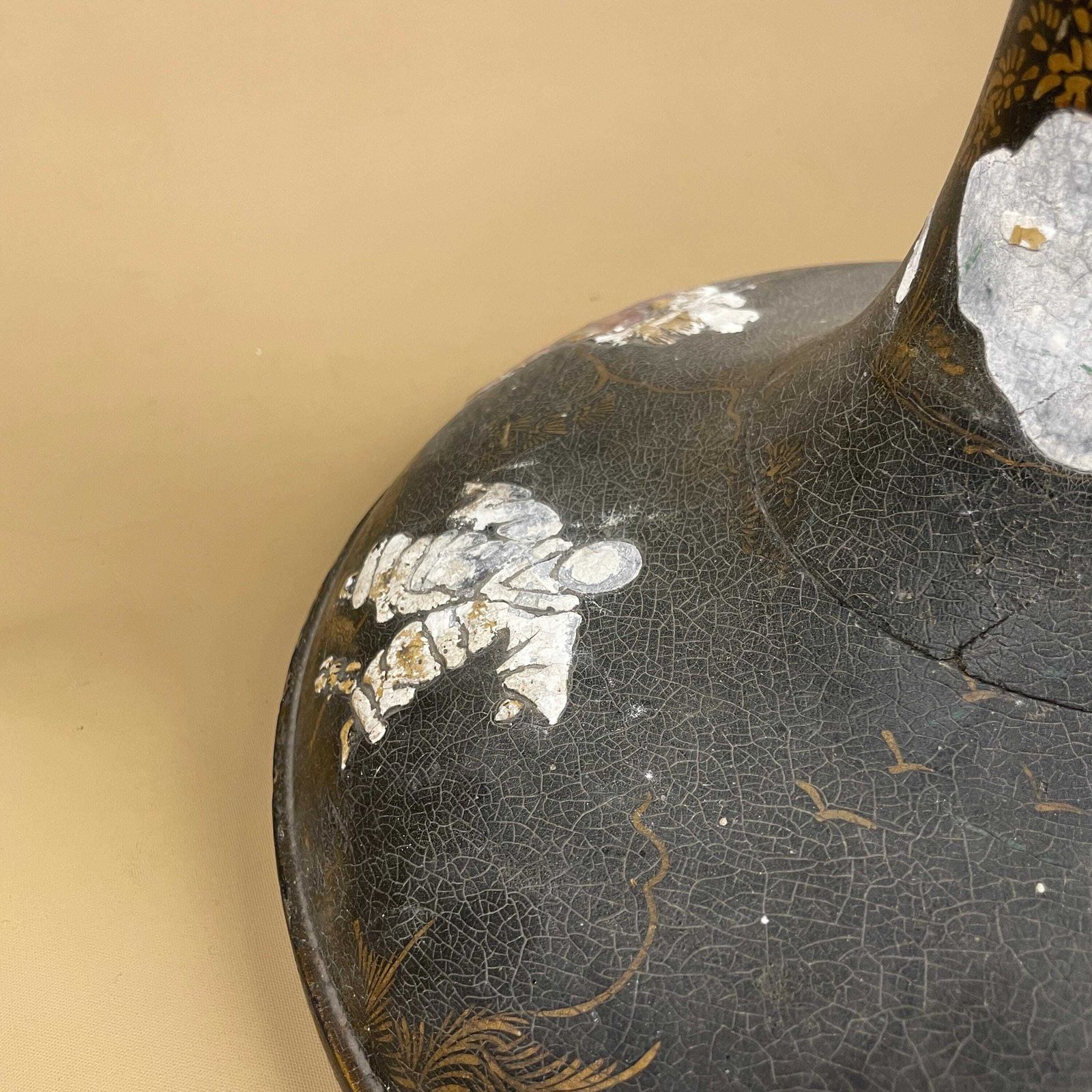 245.0 Antique Oriental Wooden Lamp Light Large Japanese Black Hand Painted Pattern Wood Freestanding Aged Unique Bedside Table 74cm Gold photo