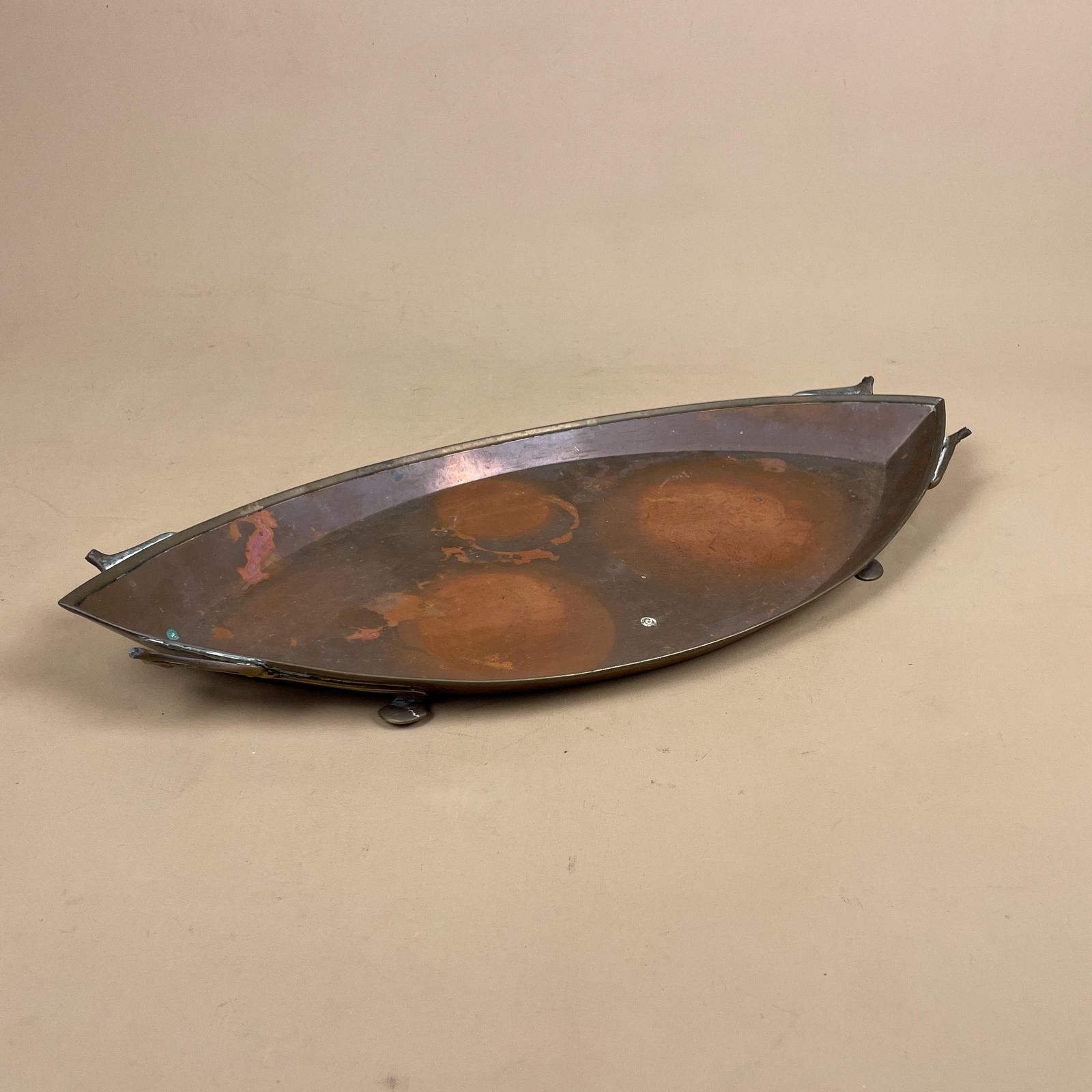 Antique Metal Copper Tray Boat Oval Shape Brass Feet Plate Handmade Art Intricate Vintage Decorative Traditional Serving Display Art Nouveau