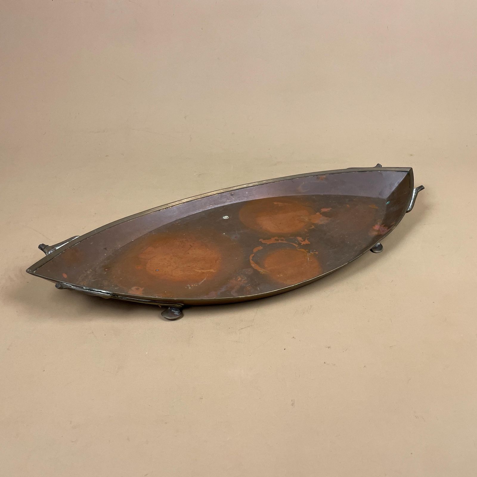 Antique Metal Copper Tray Boat Oval Shape Brass Feet Plate Handmade Art Intricate Vintage Decorative Traditional Serving Display Art Nouveau photo vintage
