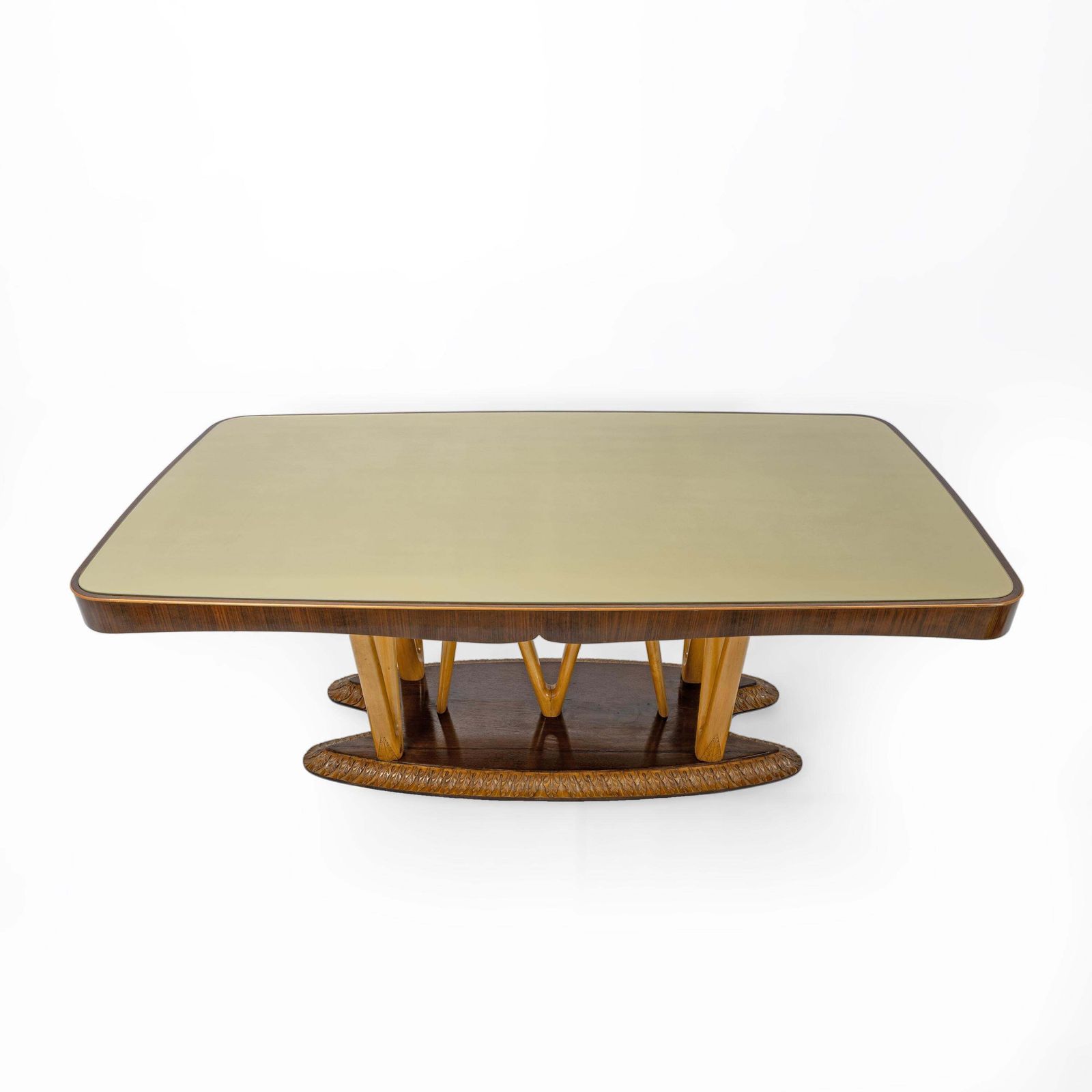 Italian Mid Century Dining Table With Glass Top And Sculptural Maple Base, 1950s photo furniture