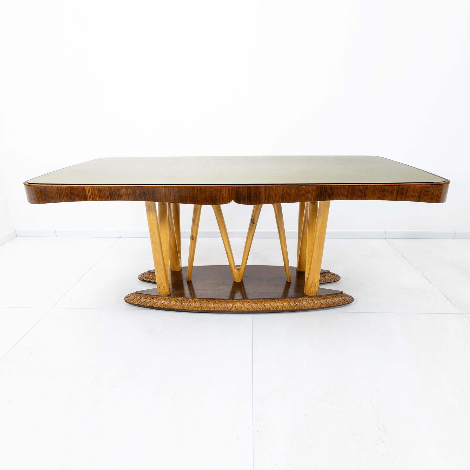 Italian Mid Century Dining Table With Glass Top And Sculptural Maple Base, 1950s photo for sale