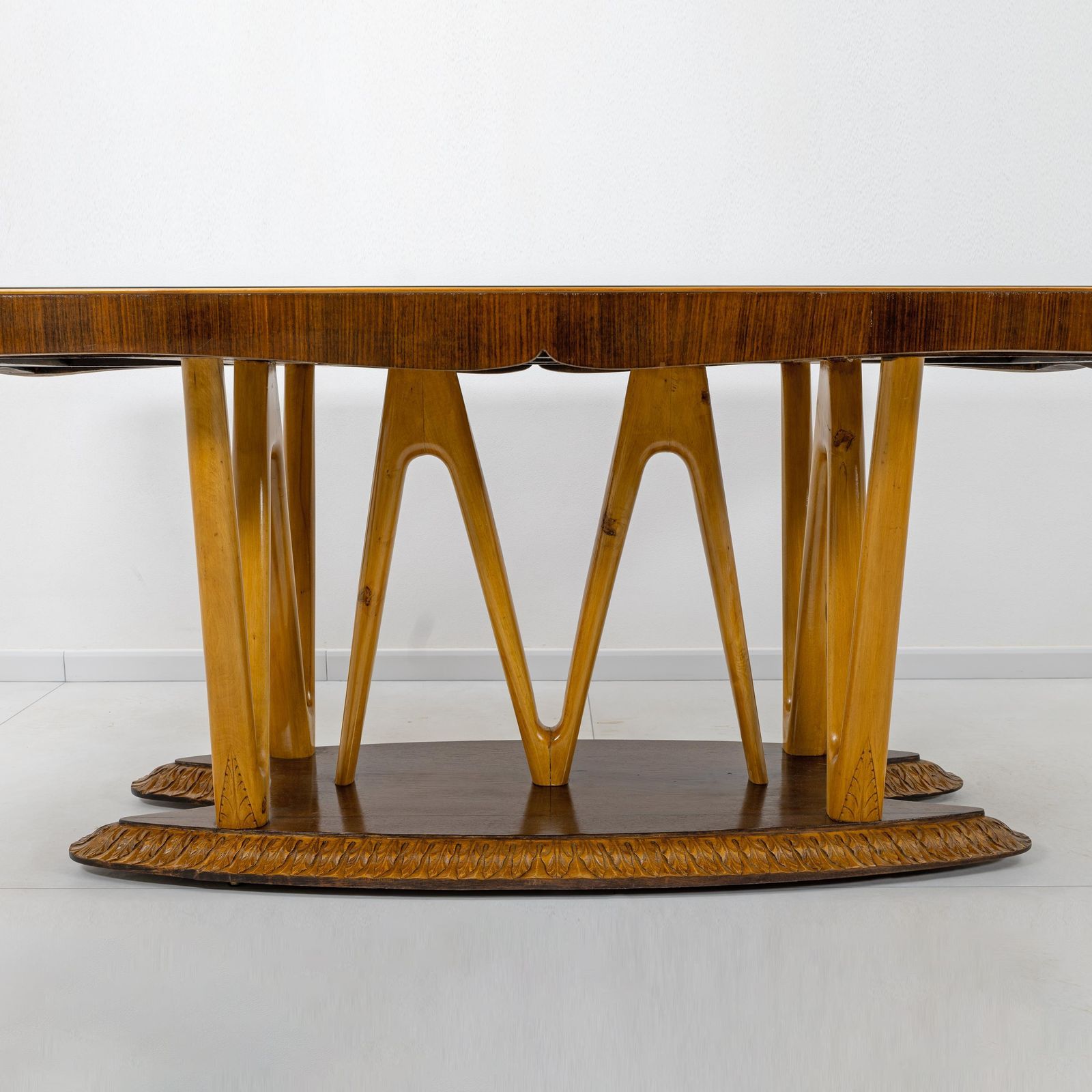 Italian Mid Century Dining Table With Glass Top And Sculptural Maple Base, 1950s photo 6042.0