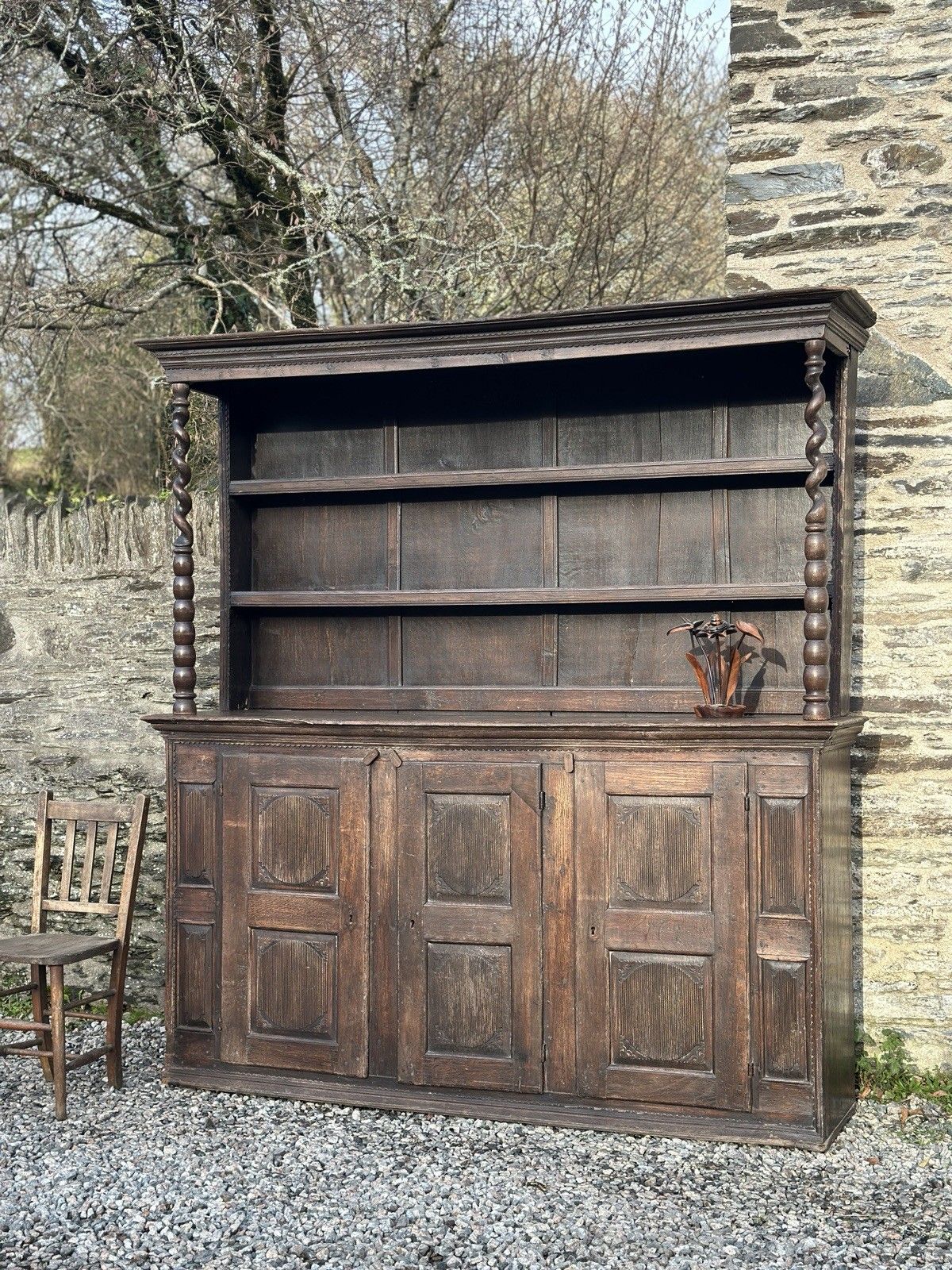 photo for sale Special Early 17th Century English Oak Dresser With Barley Twist Supports