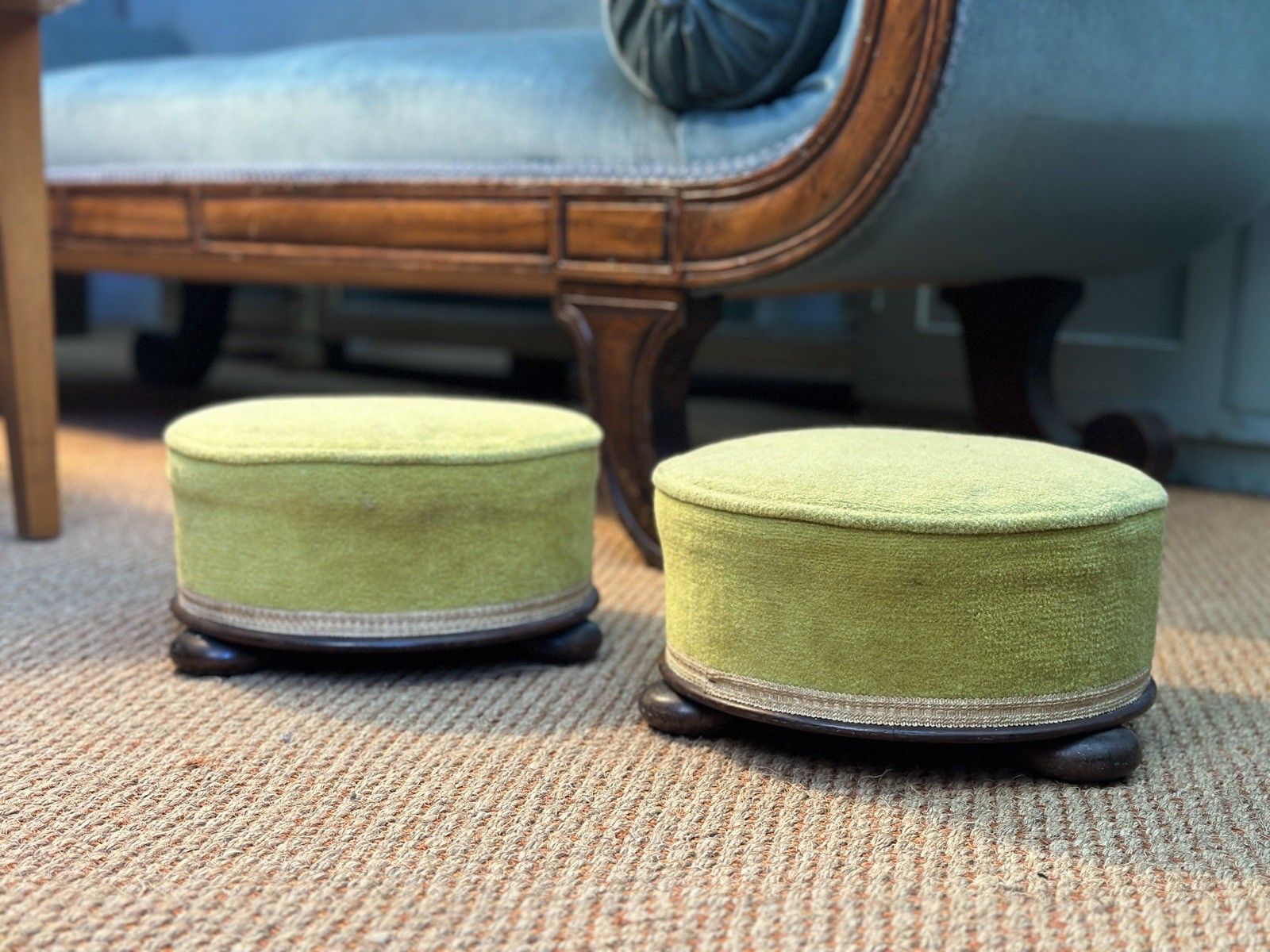 A Pair Of Small Victorian Rosewood Foot Stools Rests Ottoman Pouffe Green Velvet photo furniture