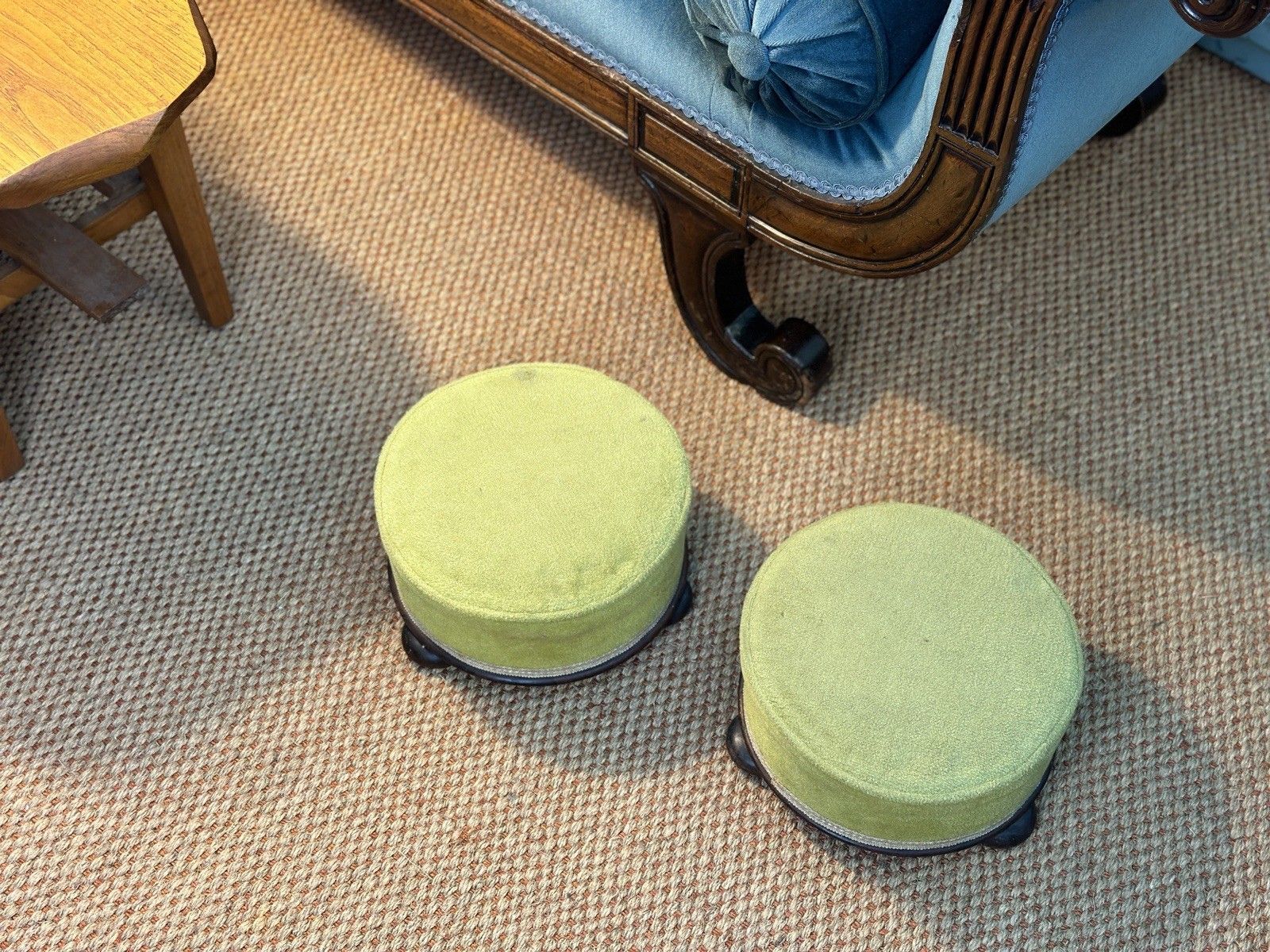 A Pair Of Small Victorian Rosewood Foot Stools Rests Ottoman Pouffe Green Velvet photo for sale