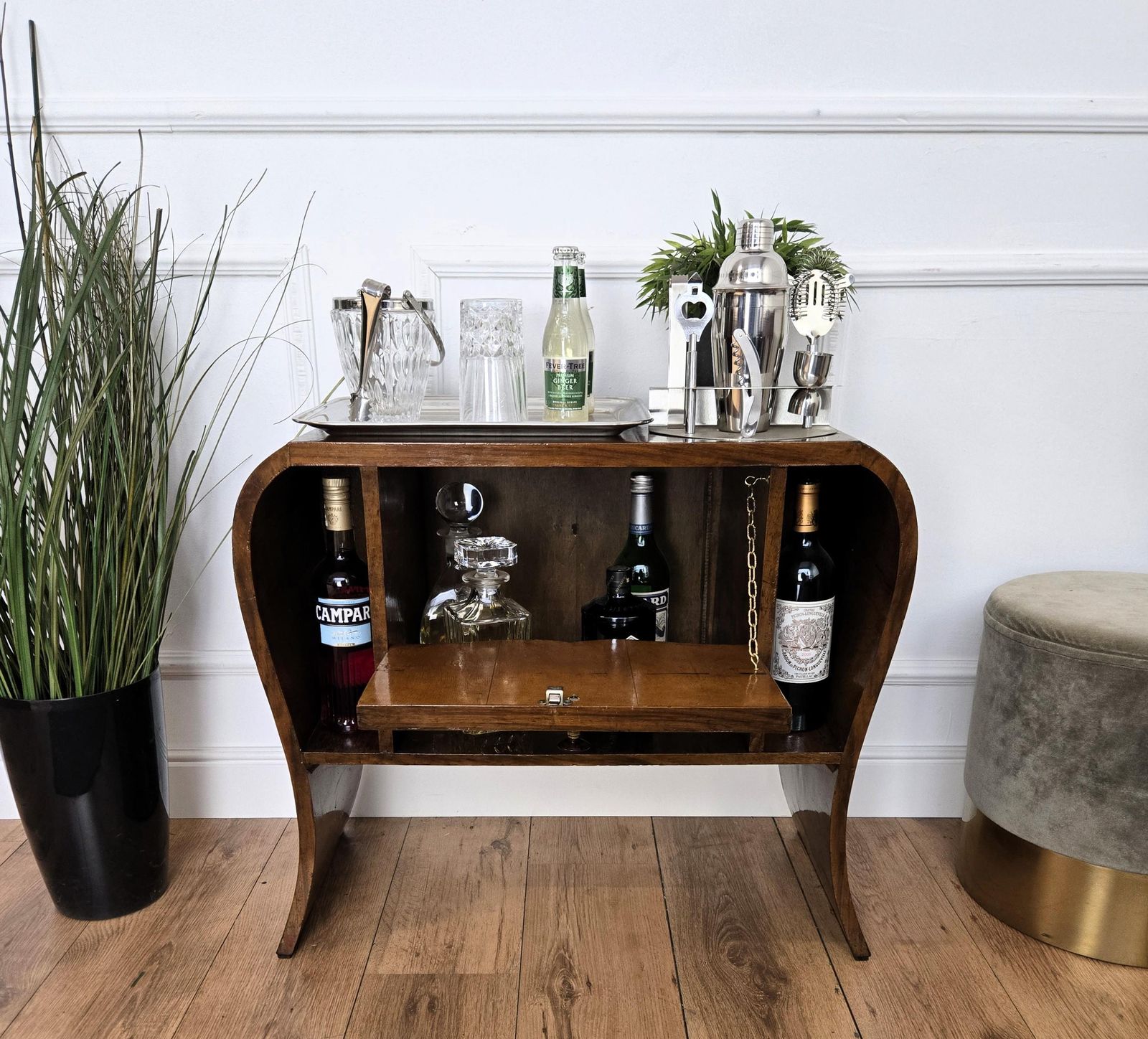 Italian 1940s Art Deco Midcentury Walnut Waterfall Dry Bar Cocktail Cabinet photo furniture
