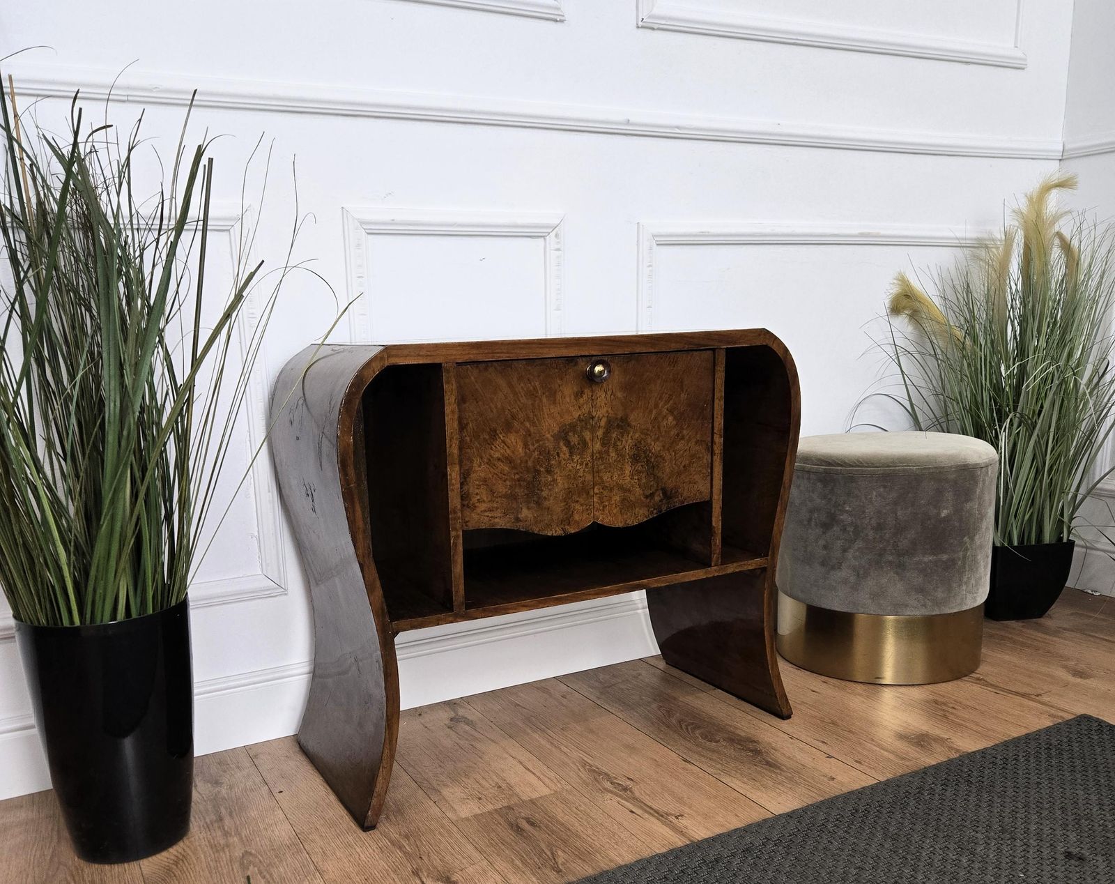 Italian 1940s Art Deco Midcentury Walnut Waterfall Dry Bar Cocktail Cabinet photo buy