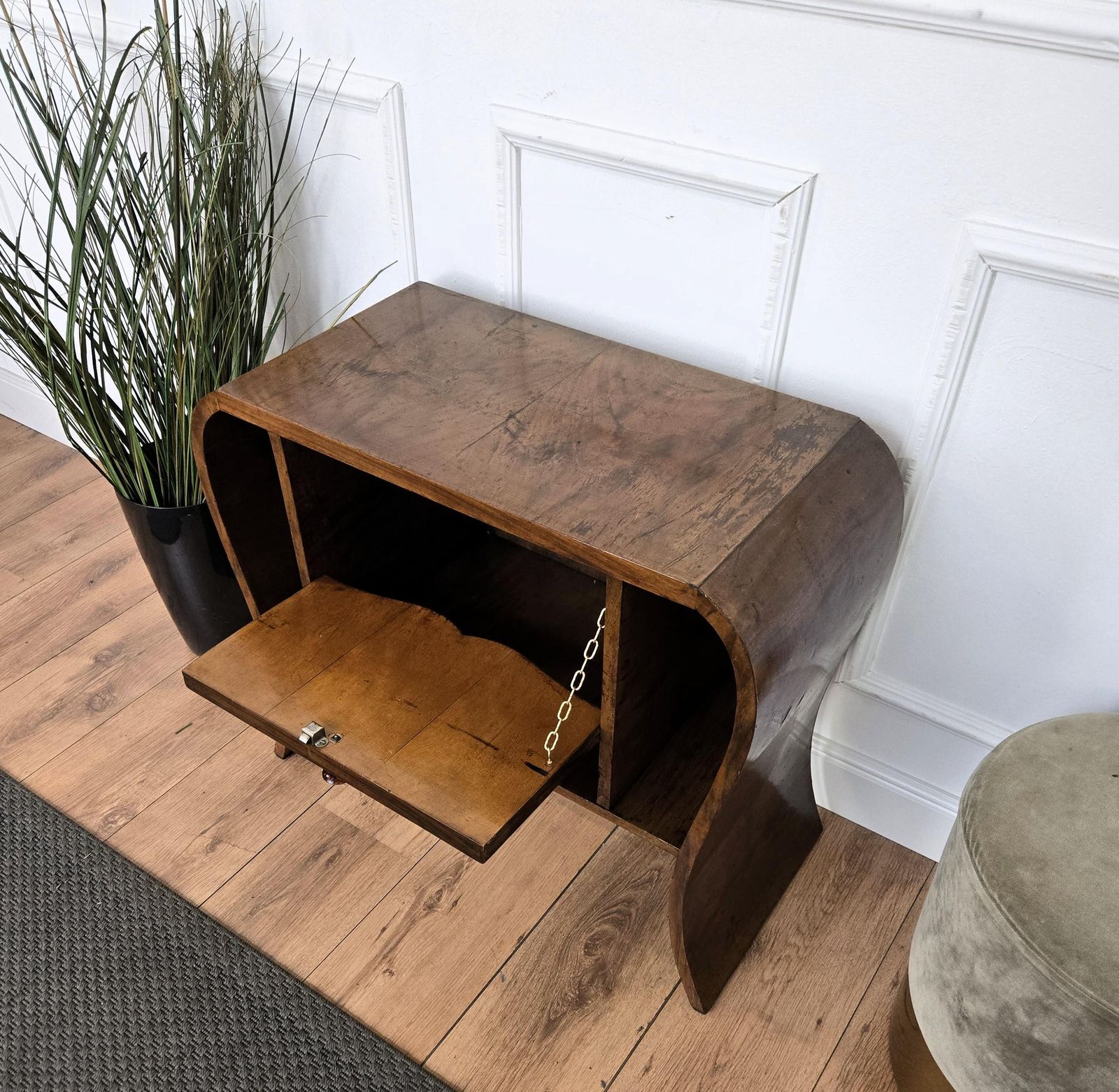 Italian 1940s Art Deco Midcentury Walnut Waterfall Dry Bar Cocktail Cabinet photo vintage