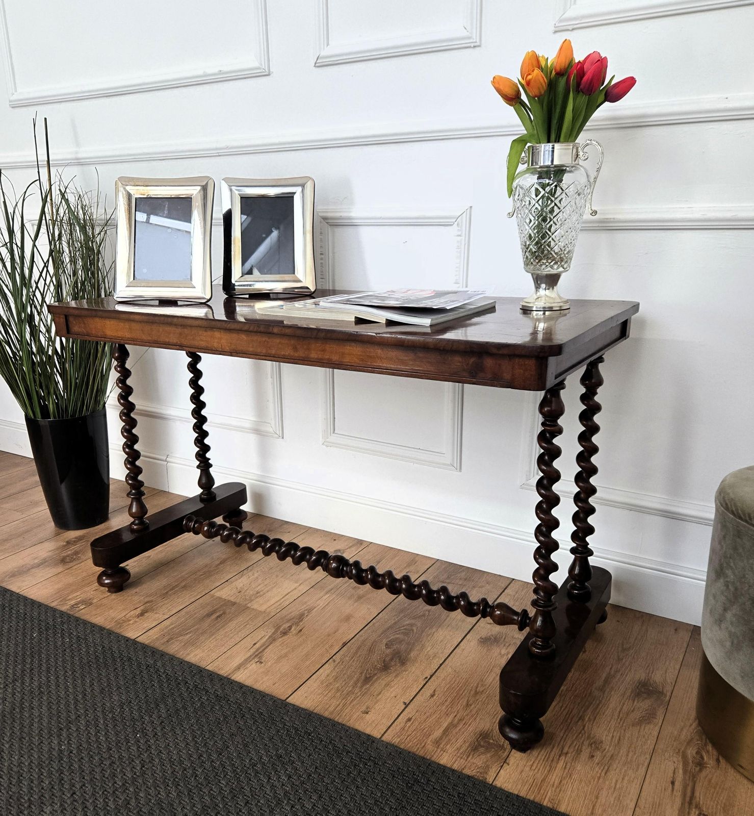 Antique Italian Walnut Burl Inlay Console Side Table With Bobbin Turned Legs photo for sale