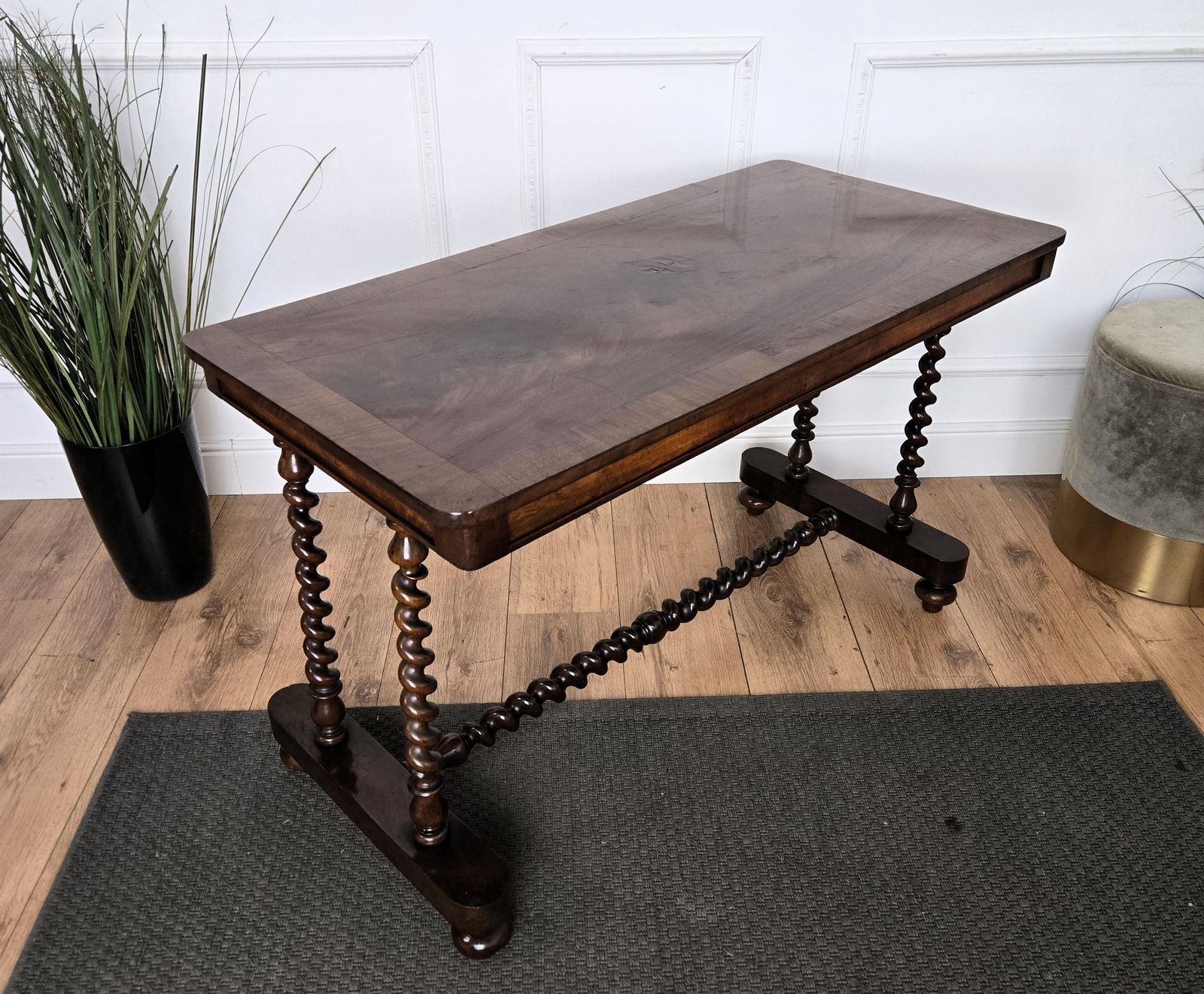 Antique Italian Walnut Burl Inlay Console Side Table With Bobbin Turned Legs photo vintage