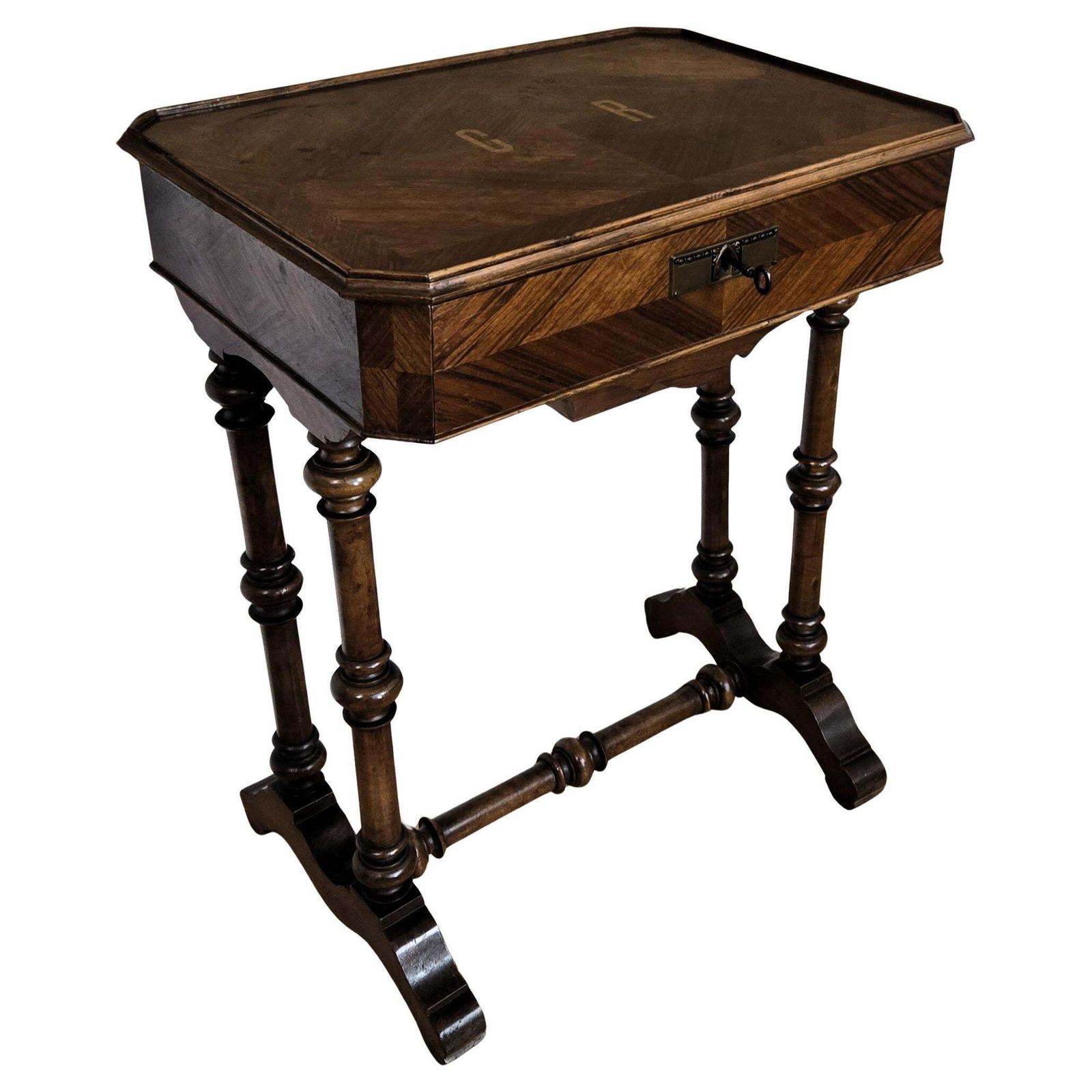 Antique Italian Inlay Veneer Wood Bobbin Barley Twist Legs Sewing Side Table