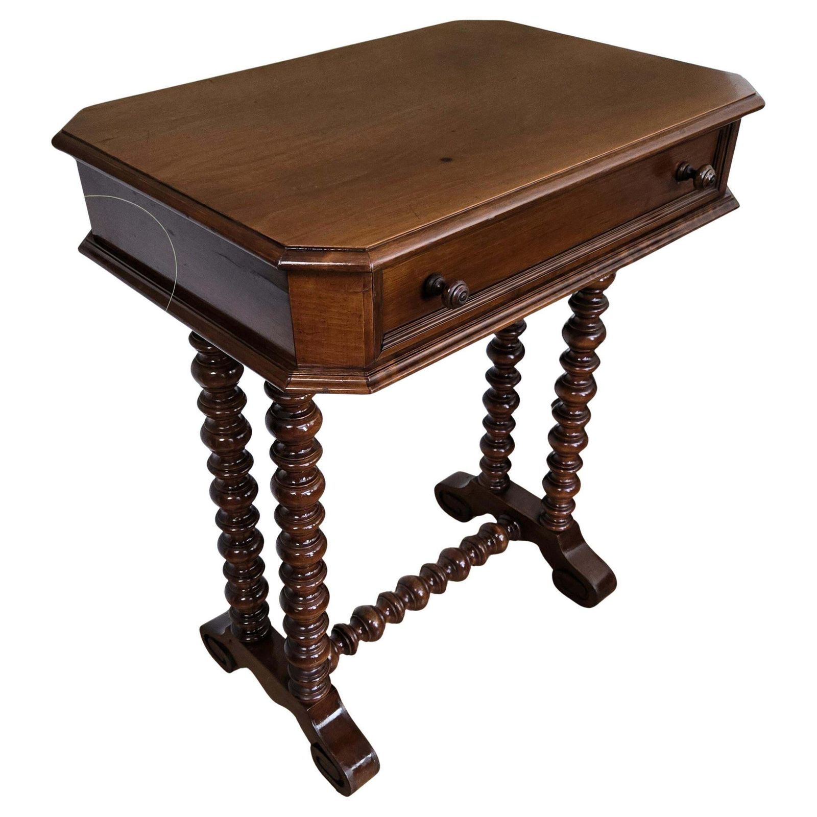 Antique Italian Carved Wood Bobbin Barley Twist Legs Sewing Table Side Table