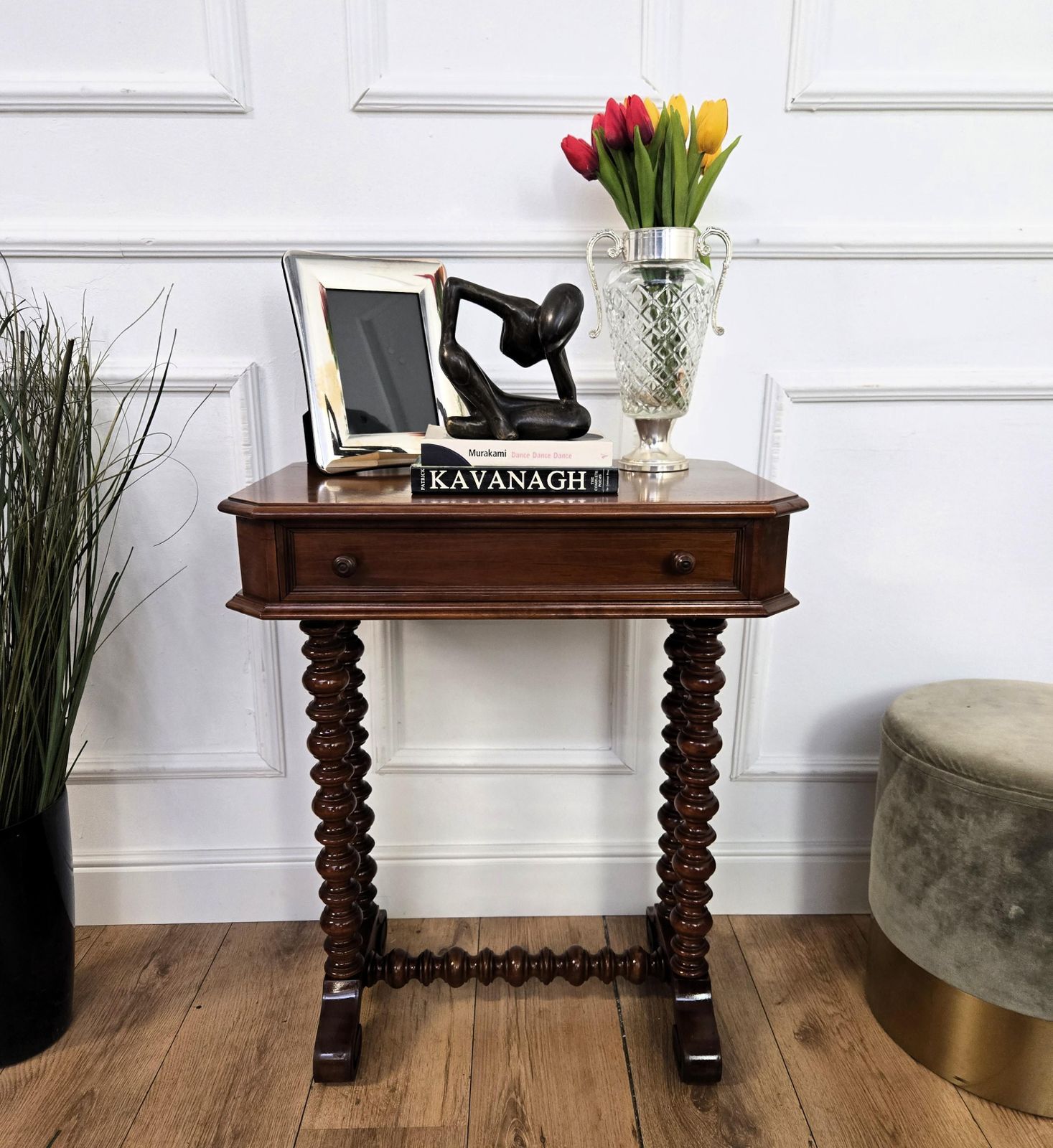 Antique Italian Carved Wood Bobbin Barley Twist Legs Sewing Table Side Table photo for sale