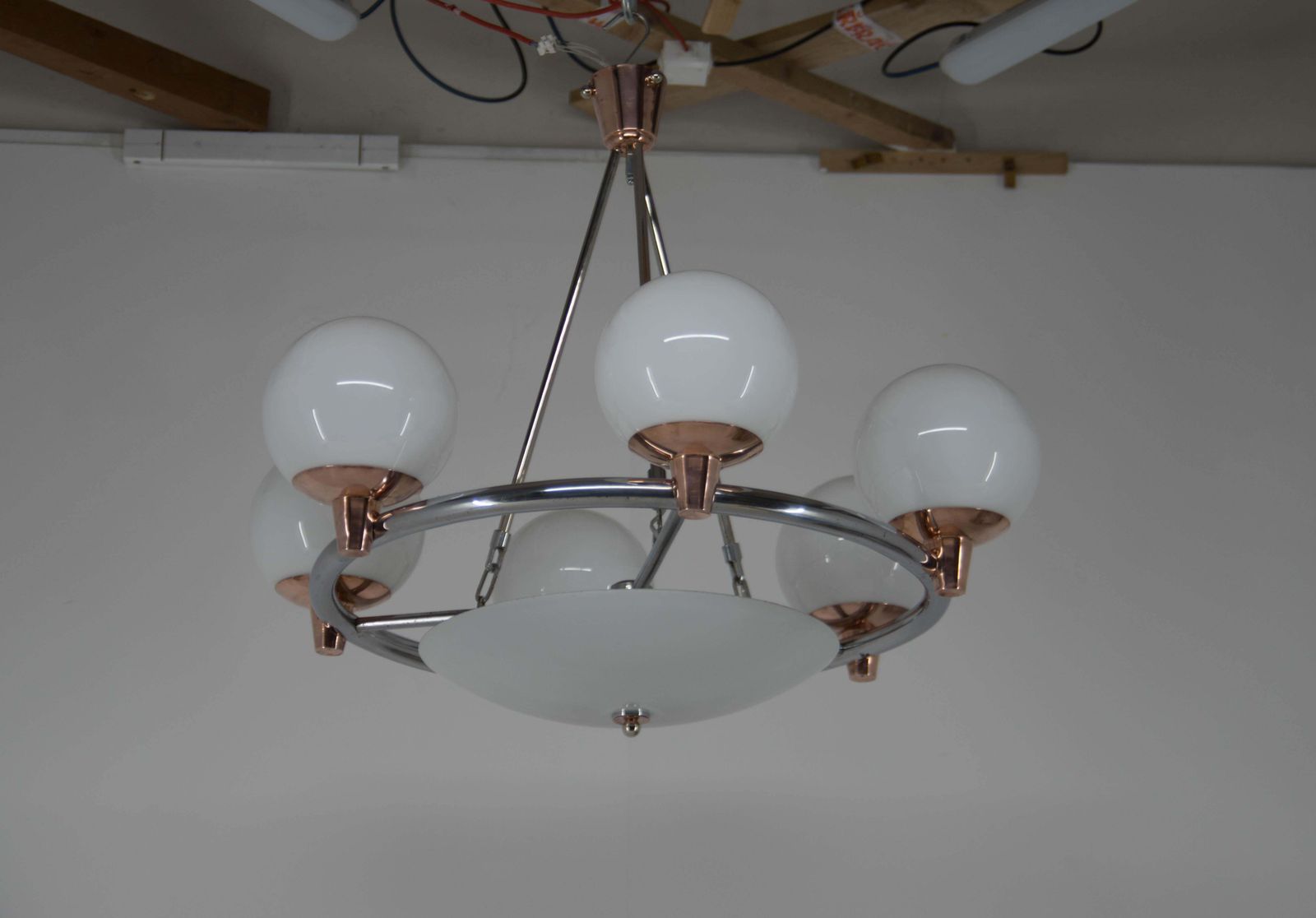 photo vinterior 1930s Art Deco Chandelier: Chrome, Copper & Opaline Glass From Czech