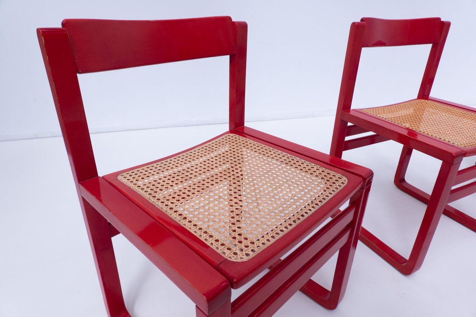 Mid Century Modern Set Of 4 Red Armchairs, Wood, Italy, 1960s photo furniture