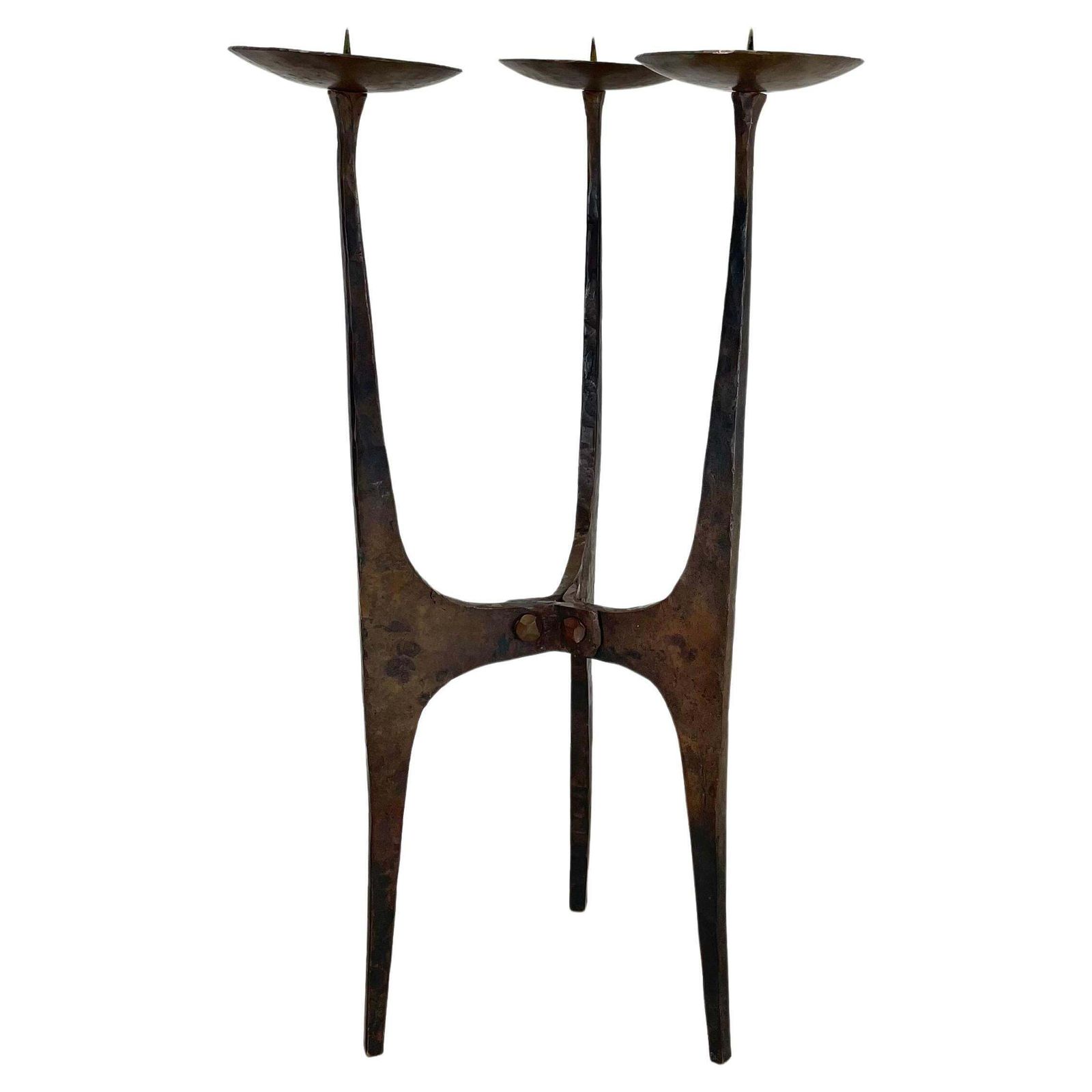 Xl 70cm Modernist Sculptural Brutalist Copper Tripod Candleholder, Austria 1950s