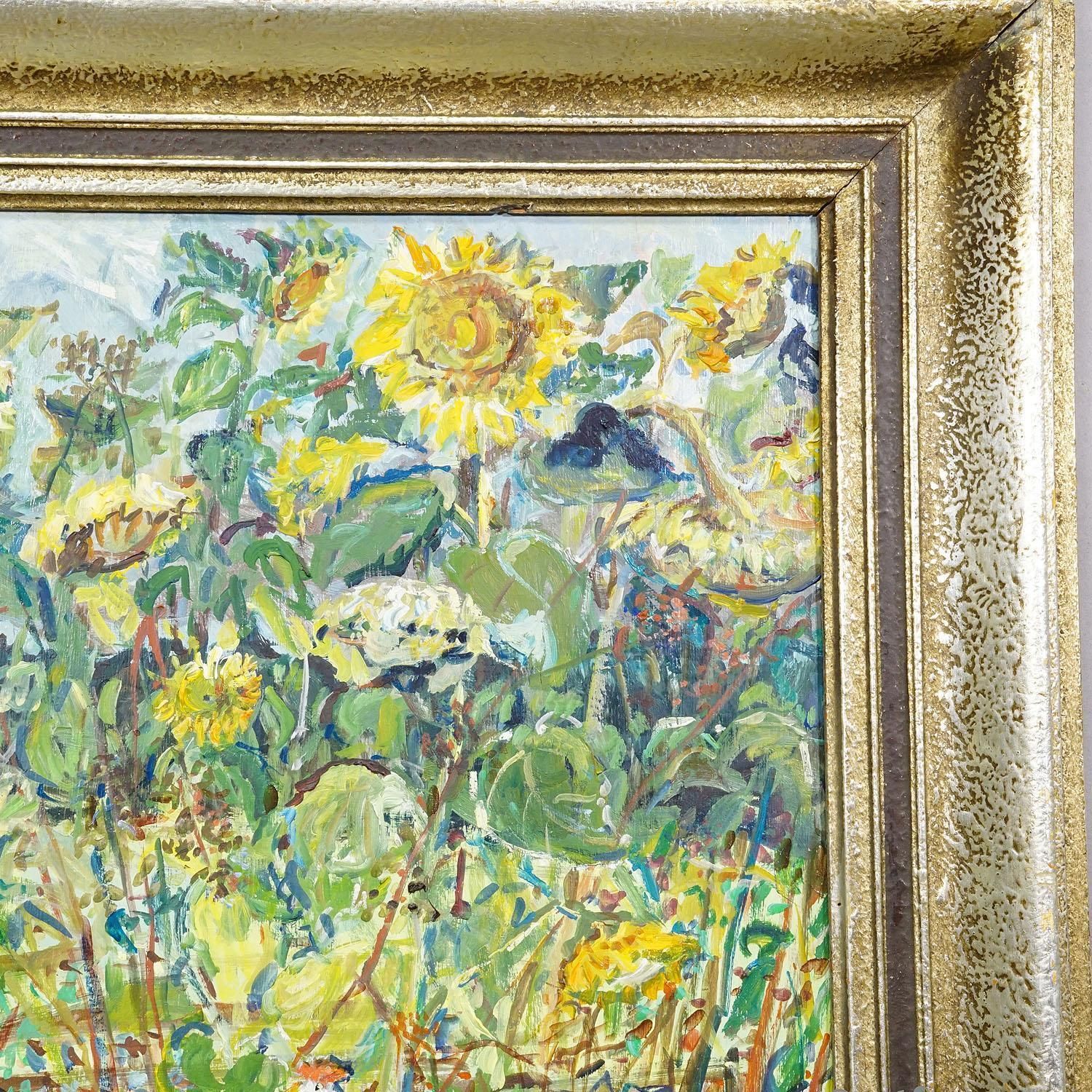 Sunflower Field With Chickens – Original Oil Painting By Alexander Michael, 1990 photo 391.0