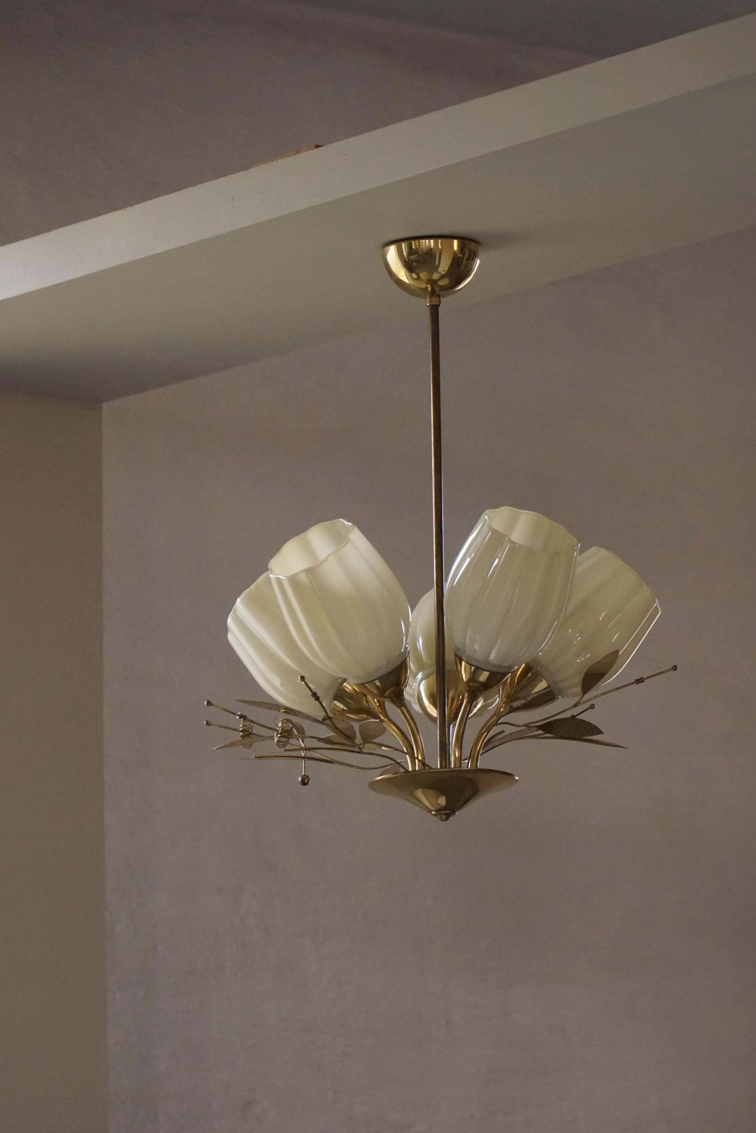 Mid Century Modern, Five Light Ceiling Lamp, Opaline Glass Shades, Itsu, Finland photo furniture