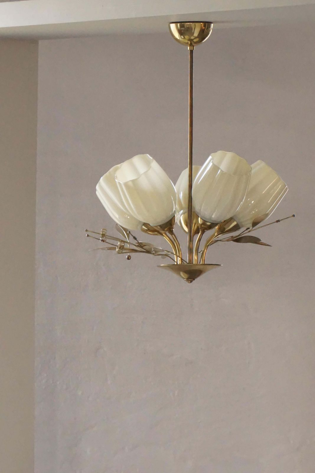 Mid Century Modern, Five Light Ceiling Lamp, Opaline Glass Shades, Itsu, Finland photo Lighting