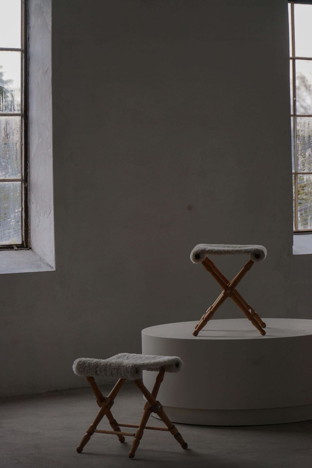 Pair Of Danish Mid Century Modern Folding Stools With Sheepskin Upholstery, 1960 photo for sale