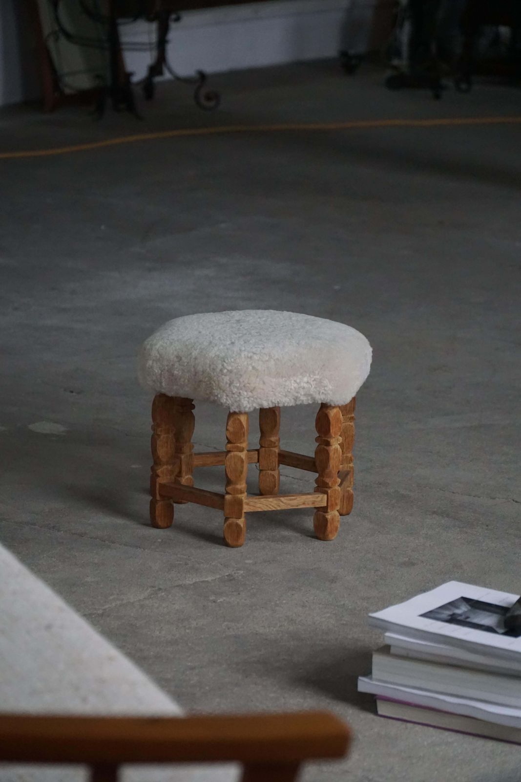 Mid Century Danish Hexagonal Oak Stool With Shearling Lambswool Upholstery, 1950 photo furniture