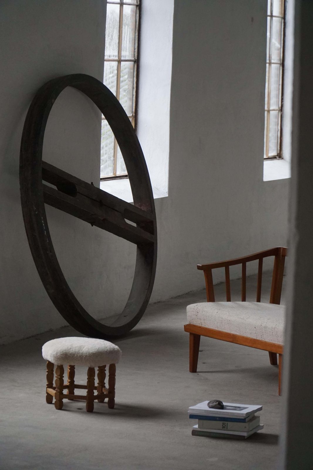 Mid Century Danish Hexagonal Oak Stool With Shearling Lambswool Upholstery, 1950 photo for sale
