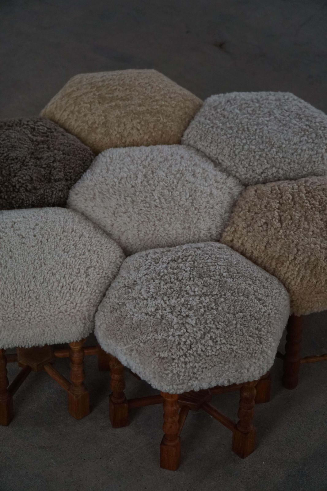 Mid Century Danish Hexagonal Oak Stool With Shearling Lambswool Upholstery, 1950 photo vinterior