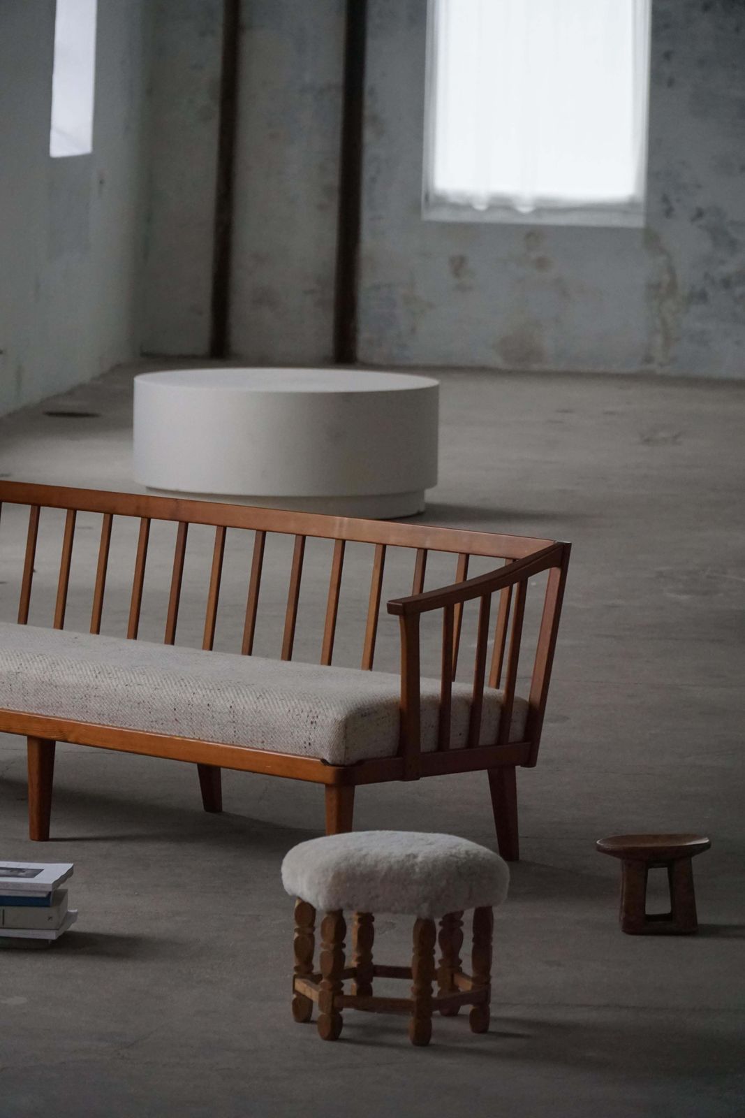 Mid Century Danish Hexagonal Oak Stool With Shearling Lambswool Upholstery, 1950 photo vintage