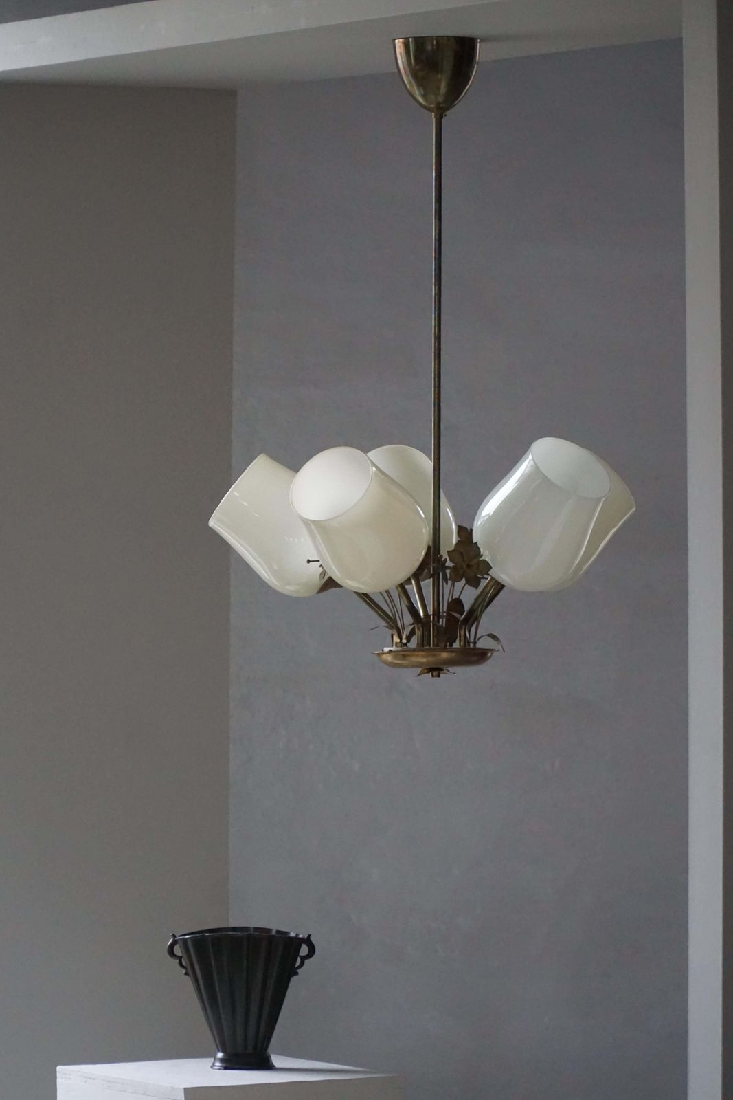 5 Arm Chandelier In Brass & Glass By Paavo Tynell For Idman Oy Finland, 1940s photo furniture