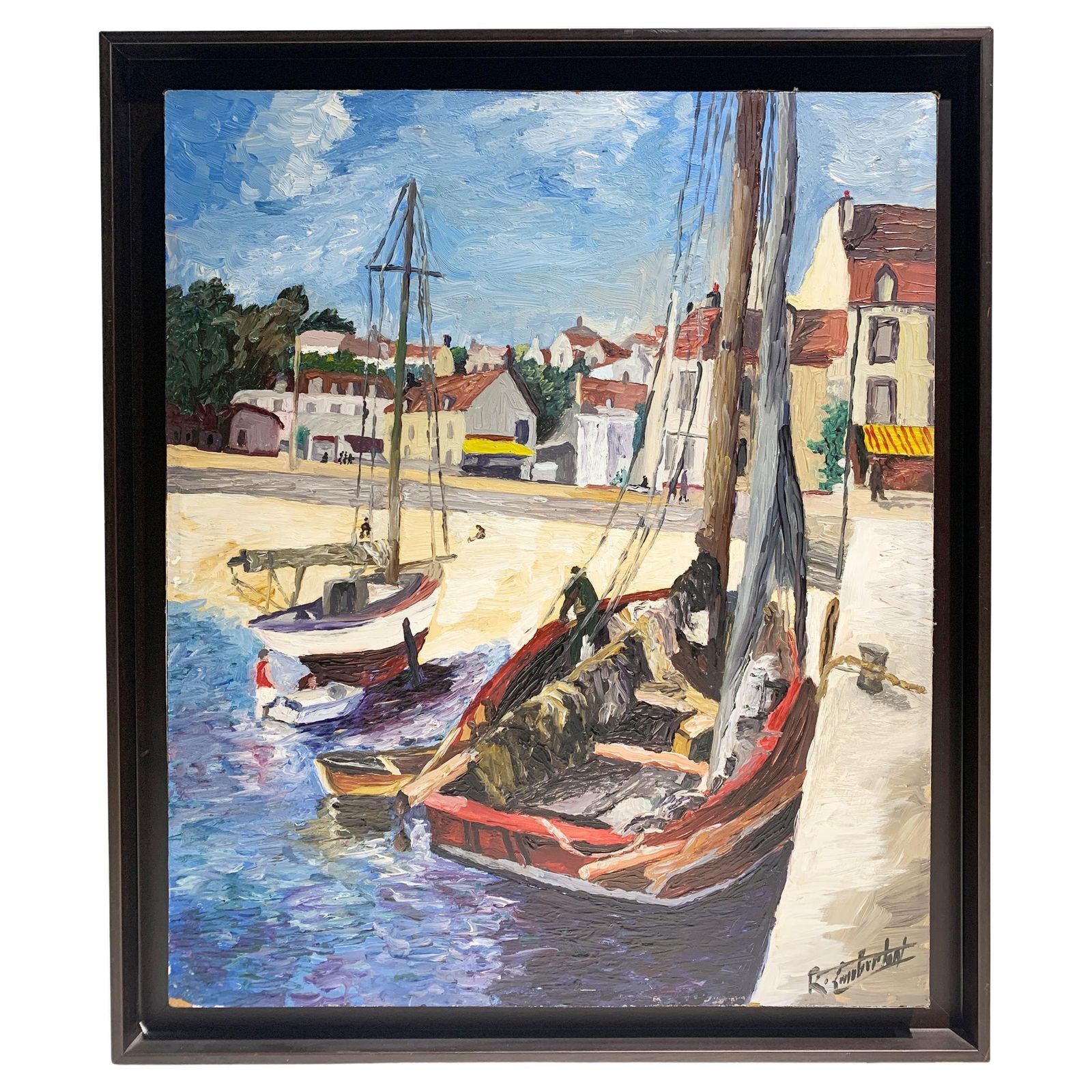 Mid 20th Century French Impressionist Style Harbor Scene Painting, Signed