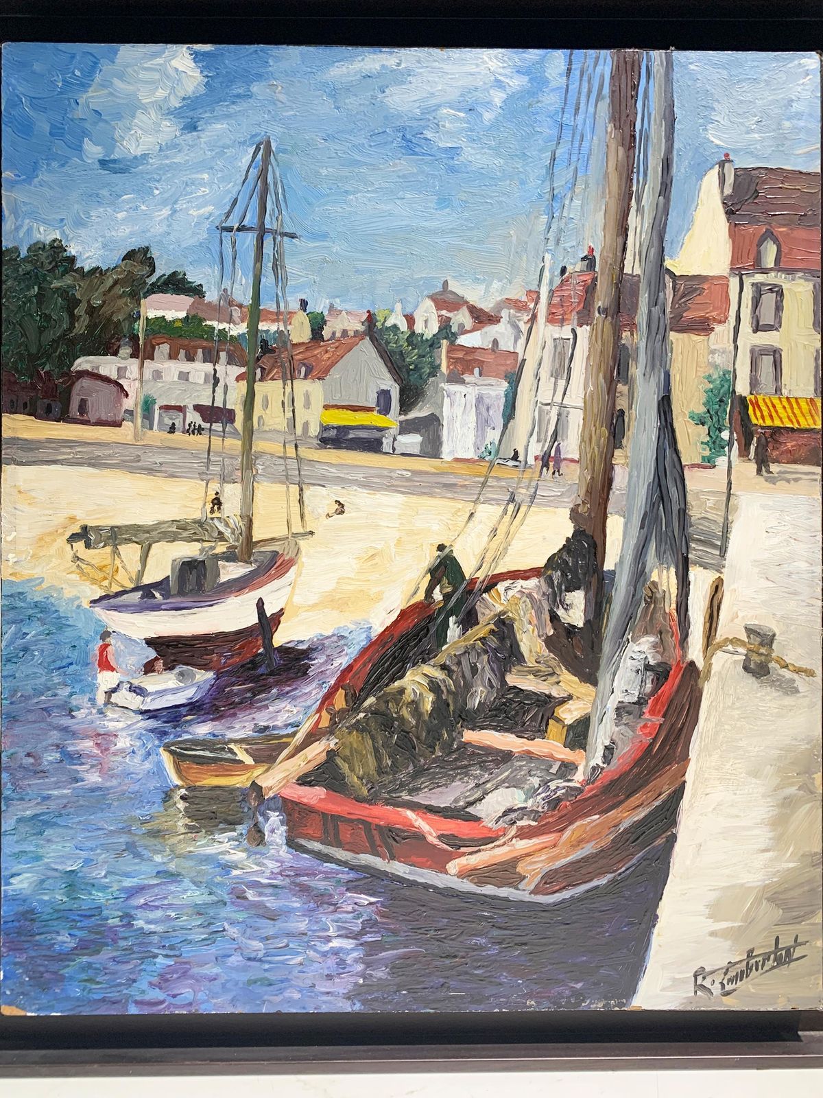 Mid 20th Century French Impressionist Style Harbor Scene Painting, Signed photo vinterior