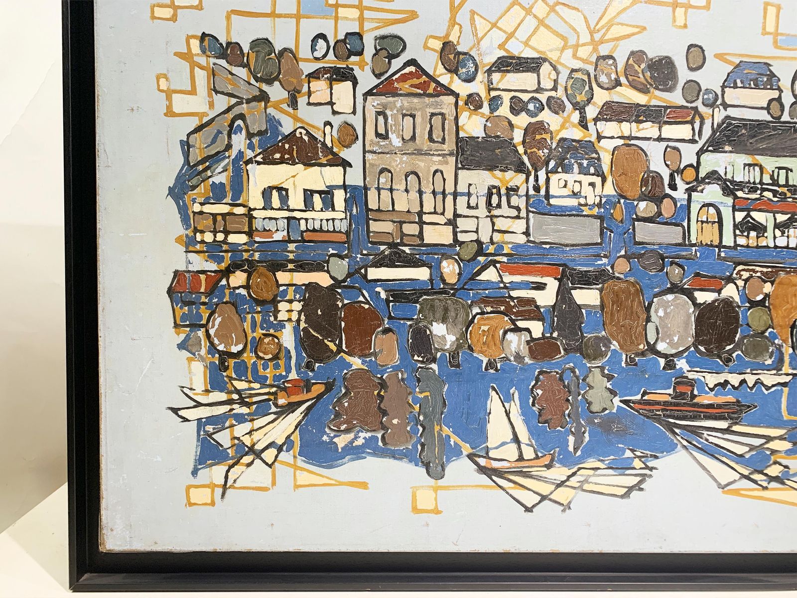 Mediterranean Harbor Scene, Impressionist Painting By R.Bethencourt, Circa 1970 photo vintage