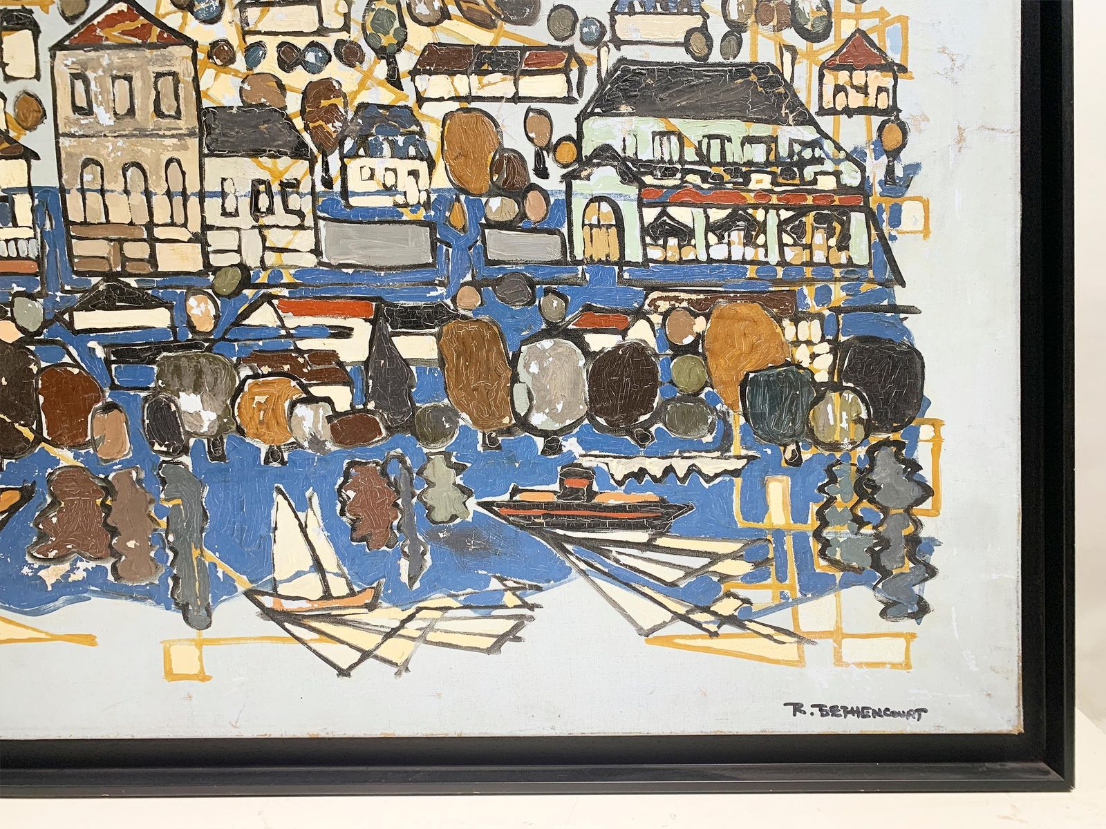 photo furniture Mediterranean Harbor Scene, Impressionist Painting By R.Bethencourt, Circa 1970