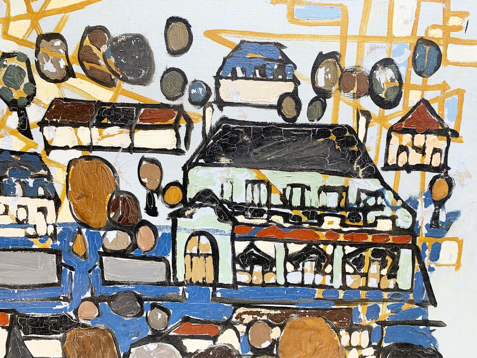 photo for sale Mediterranean Harbor Scene, Impressionist Painting By R.Bethencourt, Circa 1970