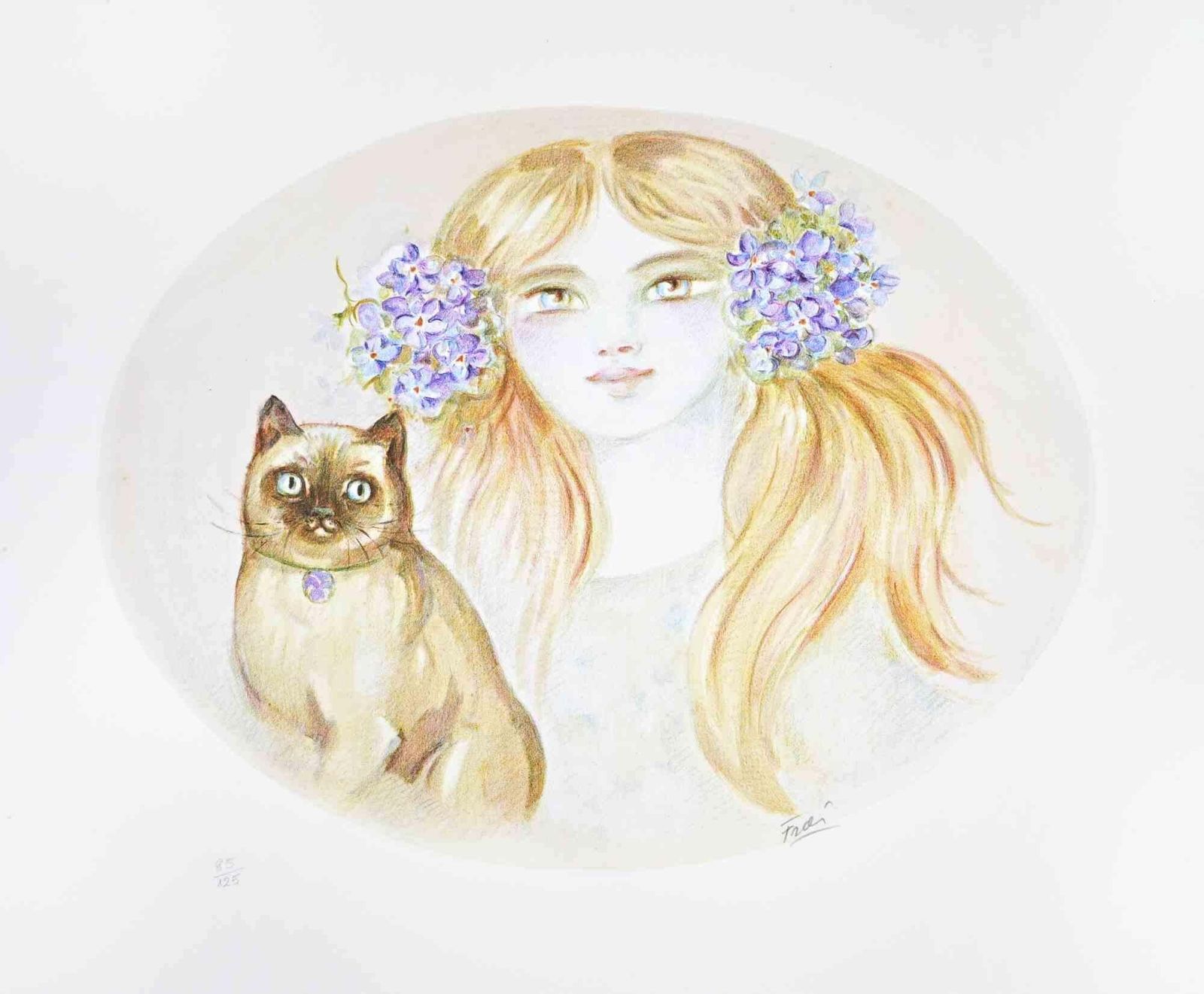 Felicita Fraiportrait With Cat   Lithograph By Felicita Frai   1980s1980s