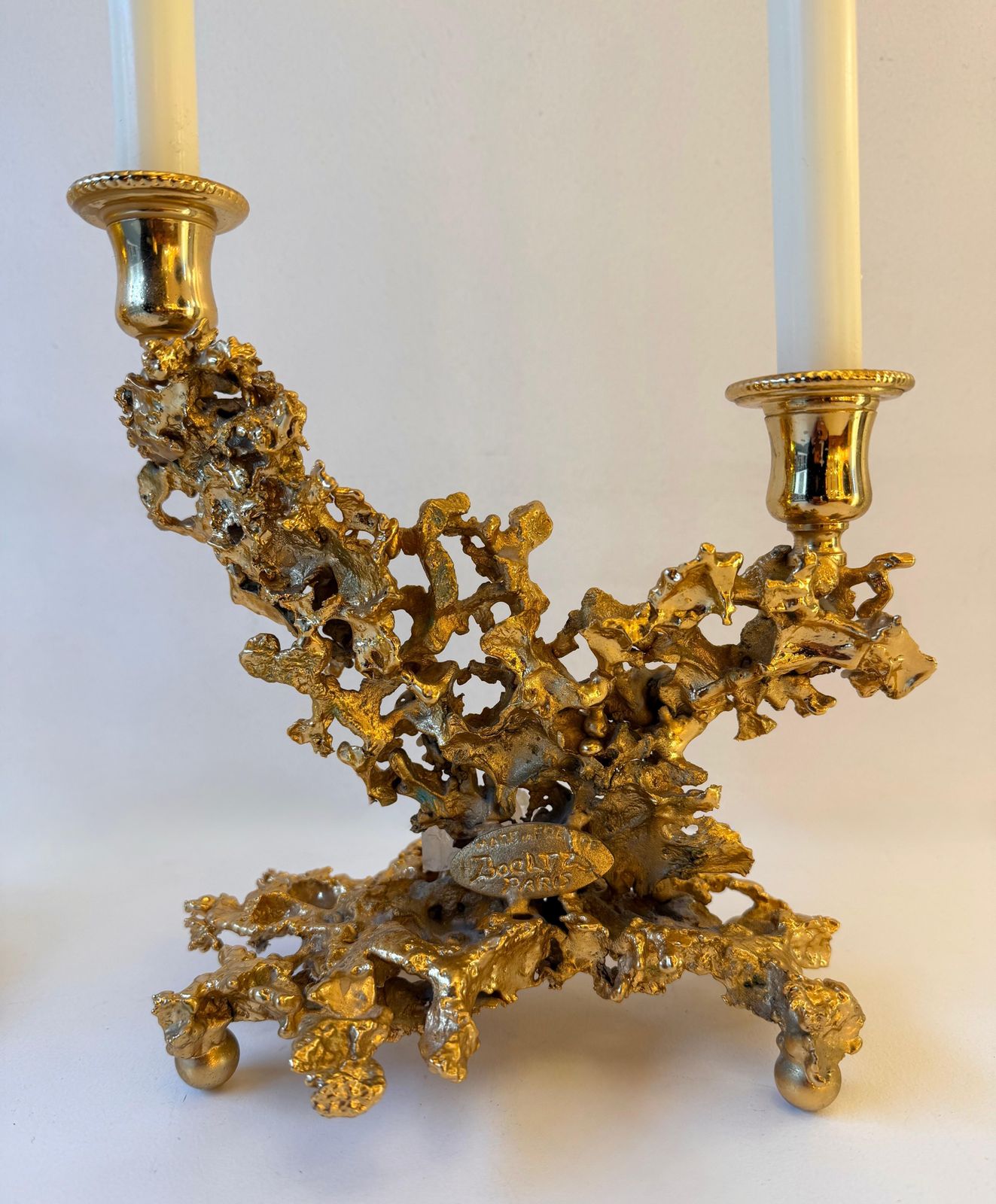 Pair Of Gilt Bronze And Quartz Candlesticks By Boeltz, France, 1970s photo vintage