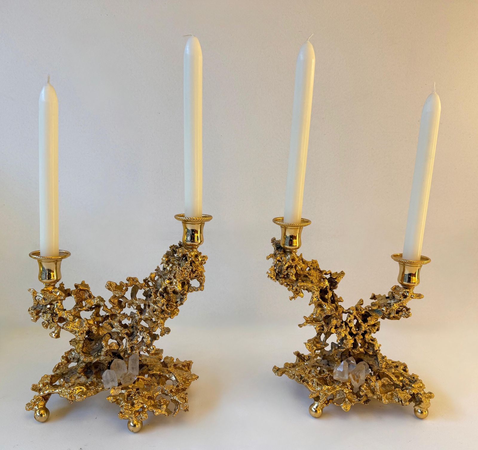 photo for sale Pair Of Gilt Bronze And Quartz Candlesticks By Boeltz, France, 1970s