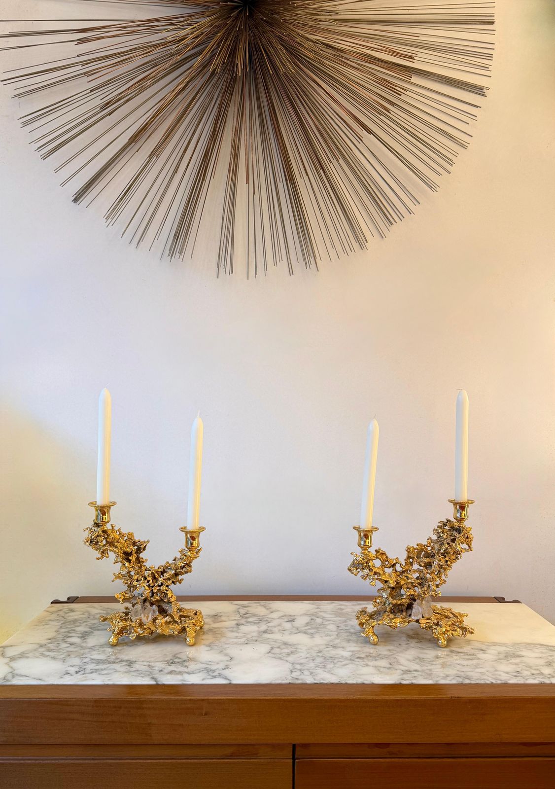 Home Decor Pair Of Gilt Bronze And Quartz Candlesticks By Boeltz, France, 1970s photo