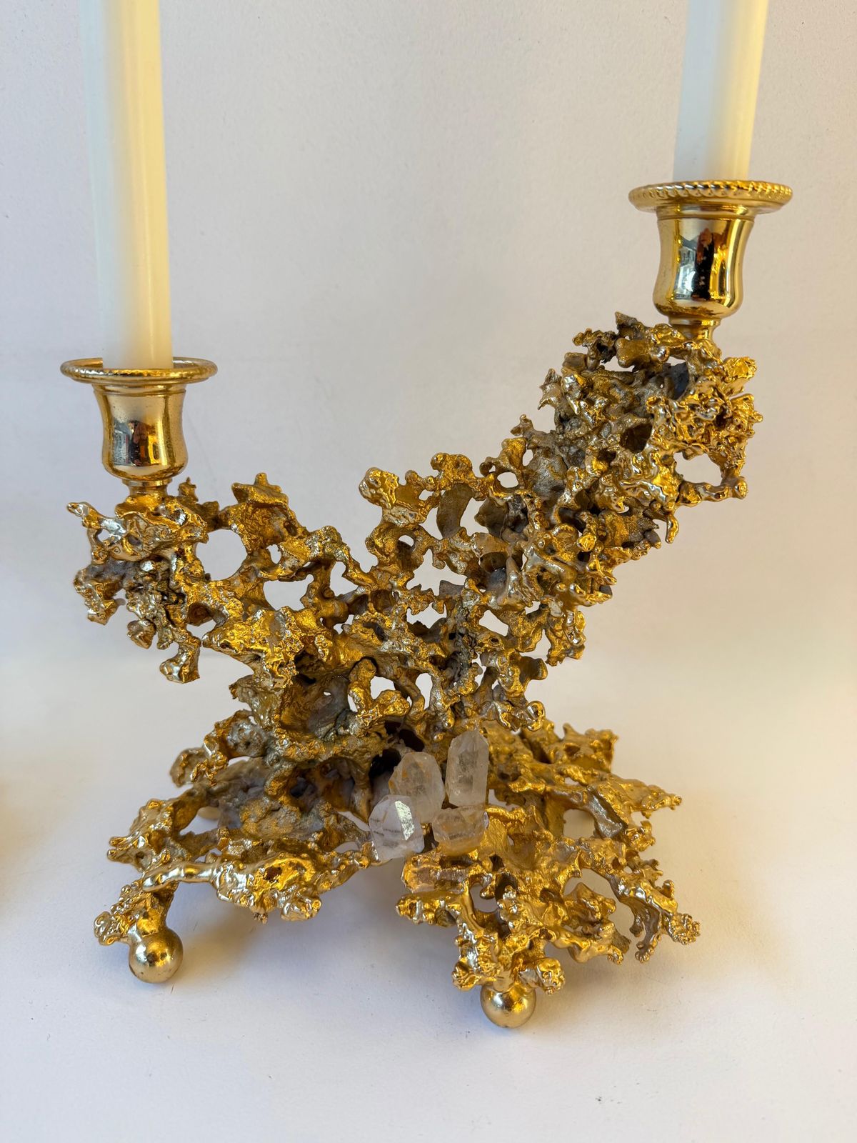 7553.0 Pair Of Gilt Bronze And Quartz Candlesticks By Boeltz, France, 1970s photo