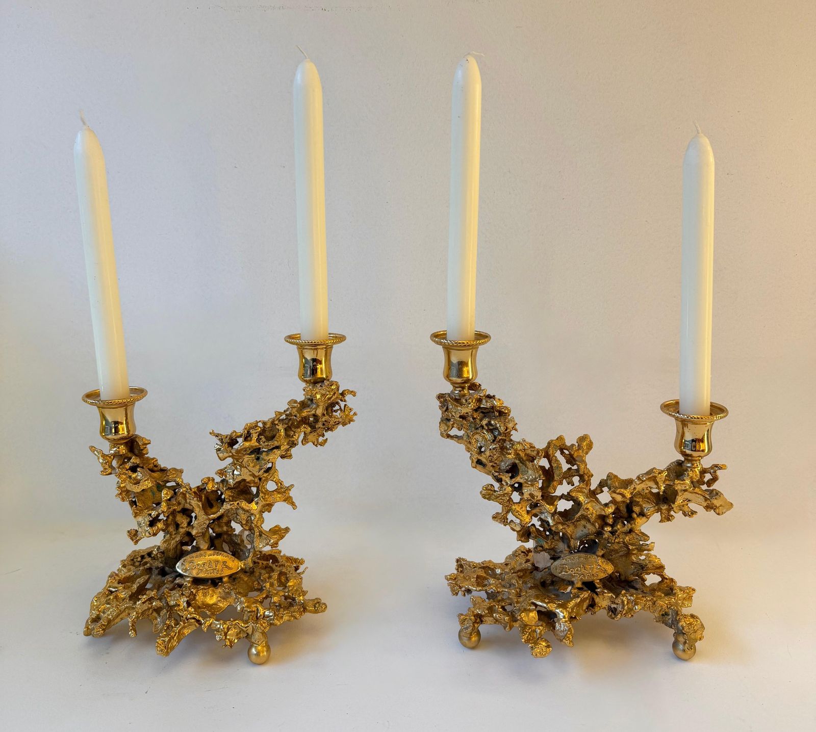 photo vinterior Pair Of Gilt Bronze And Quartz Candlesticks By Boeltz, France, 1970s