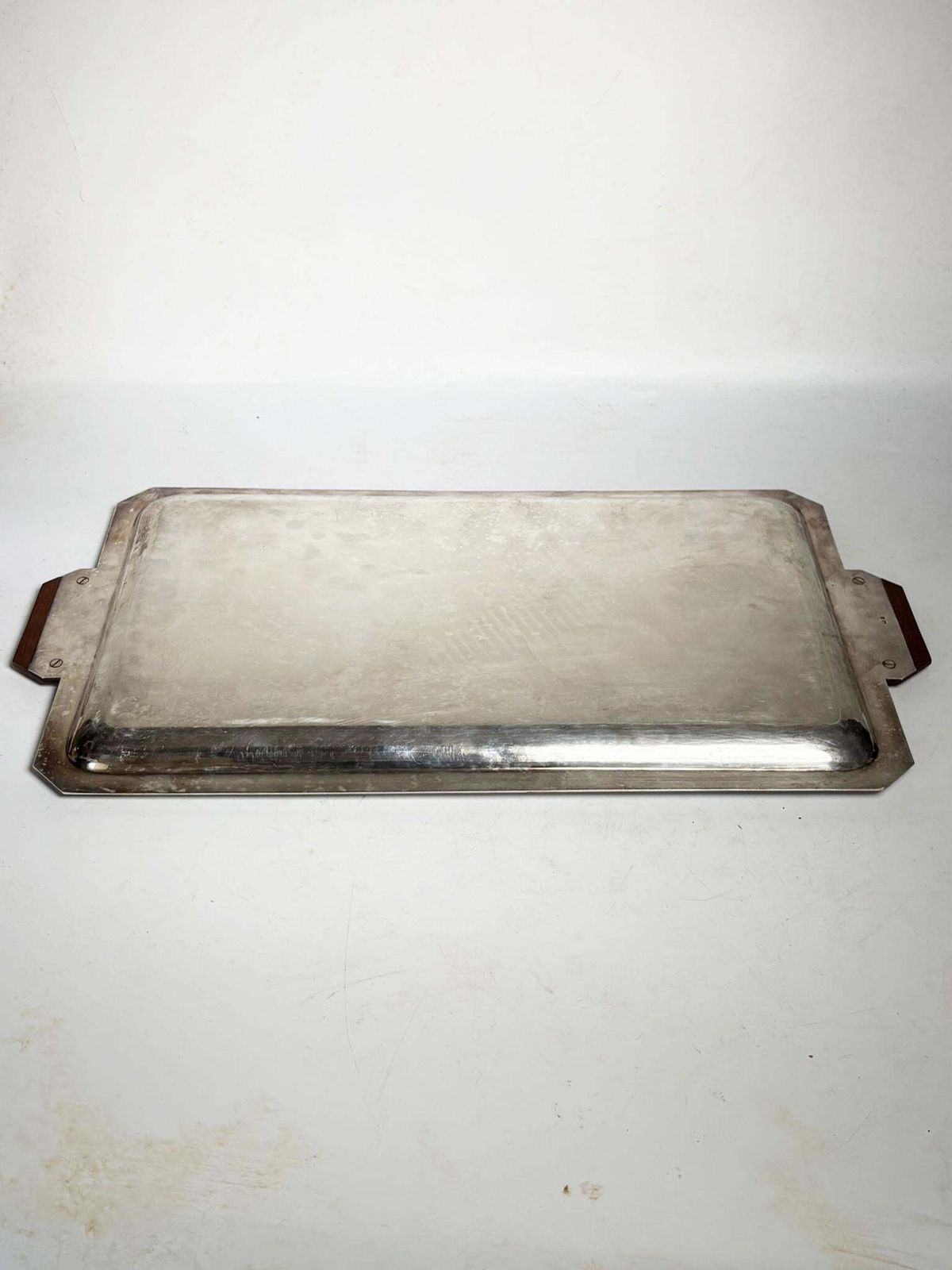 Art Deco Silver Plated Metal And Wood Tray, France, 1910 photo vintage