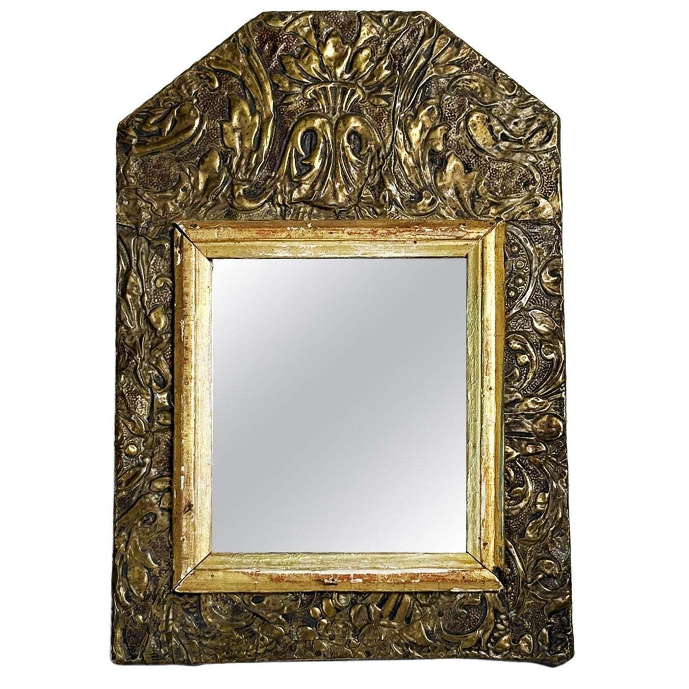 Small Patinated Mirror, Gilded Metal And Wood, France, 1970