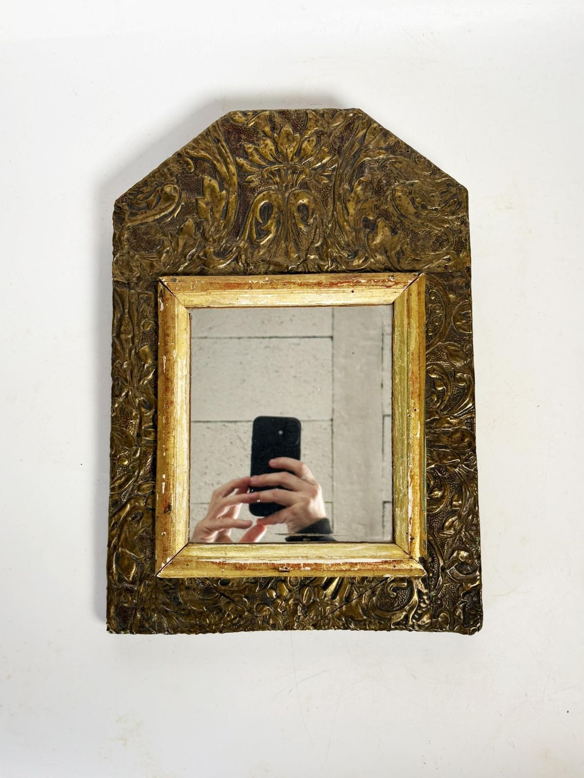 Small Patinated Mirror, Gilded Metal And Wood, France, 1970 photo Home Decor