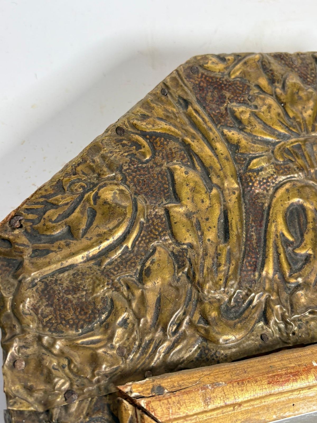 Small Patinated Mirror, Gilded Metal And Wood, France, 1970 photo vinterior
