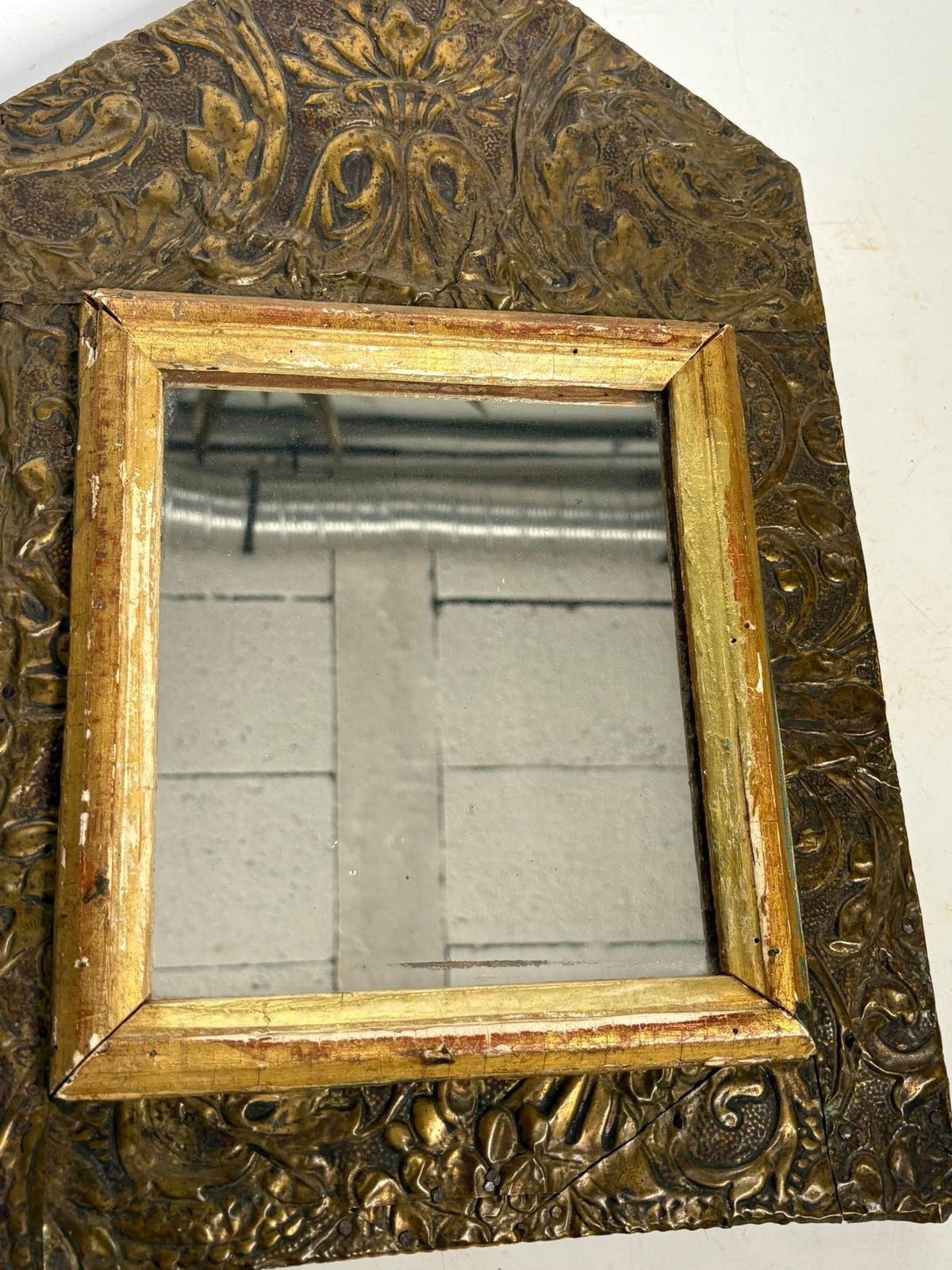 Small Patinated Mirror, Gilded Metal And Wood, France, 1970 photo vintage