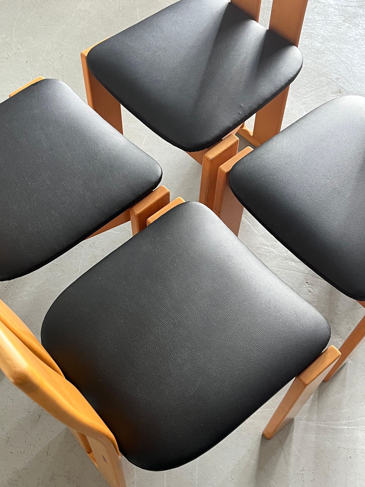 photo for sale Set Of Four High Back Dining Chairs In Beechwood And Black Faux Leather, 1970s